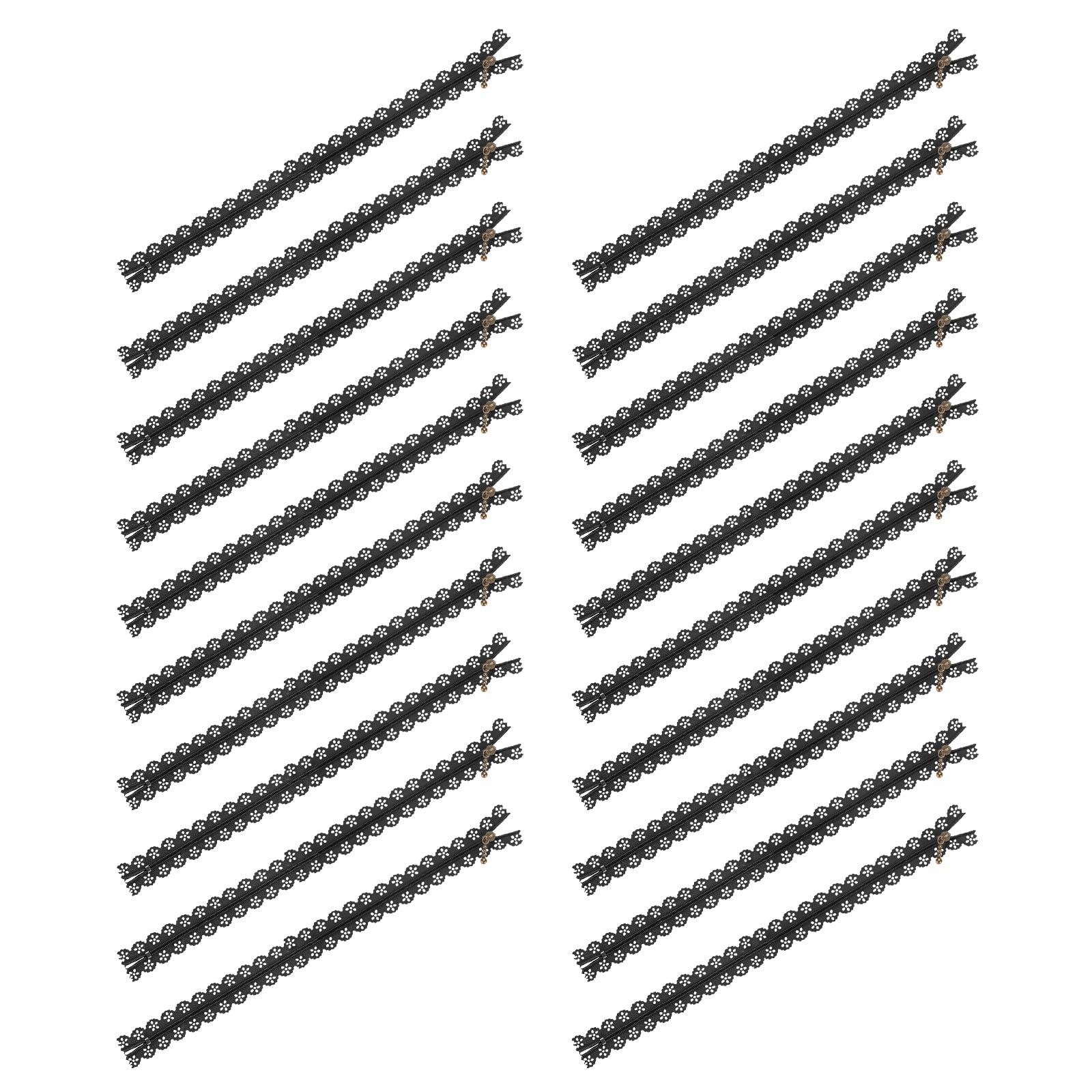M METERXITY 20 Pack Lace Zippers for Sewing, 13In Nylon Flower Exposed Decorative Crochet Zippers for DIY Sewing Bags/Purses/Crafts/Clothing Wedding Dress [Black]