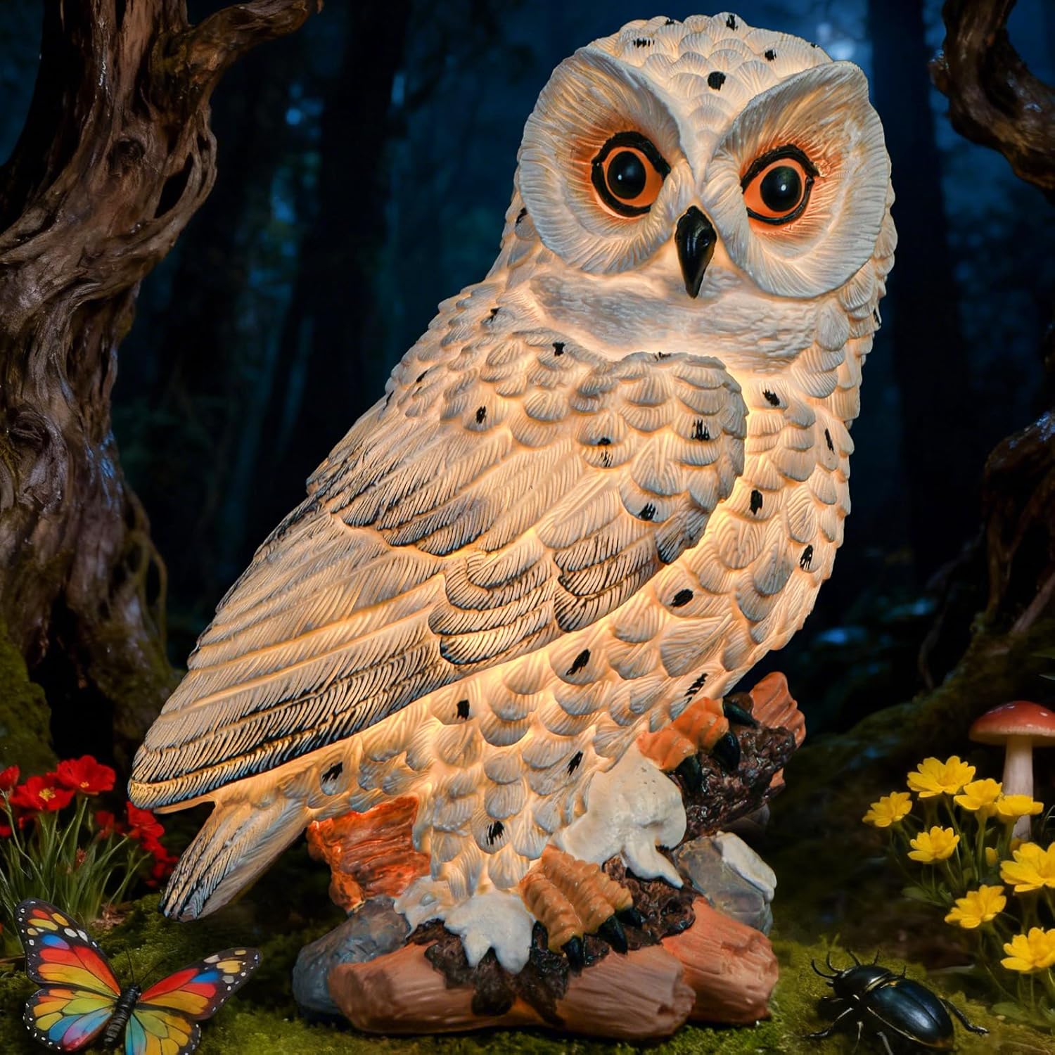 Solar Owl Garden Outdoor Statue,Owl Figurine Sculpture with LED Lights for Porch Patio Lawn Yard Deck Spring Decor - Ideal Easter Day Housewarming for Women Men Owl Lover(White)