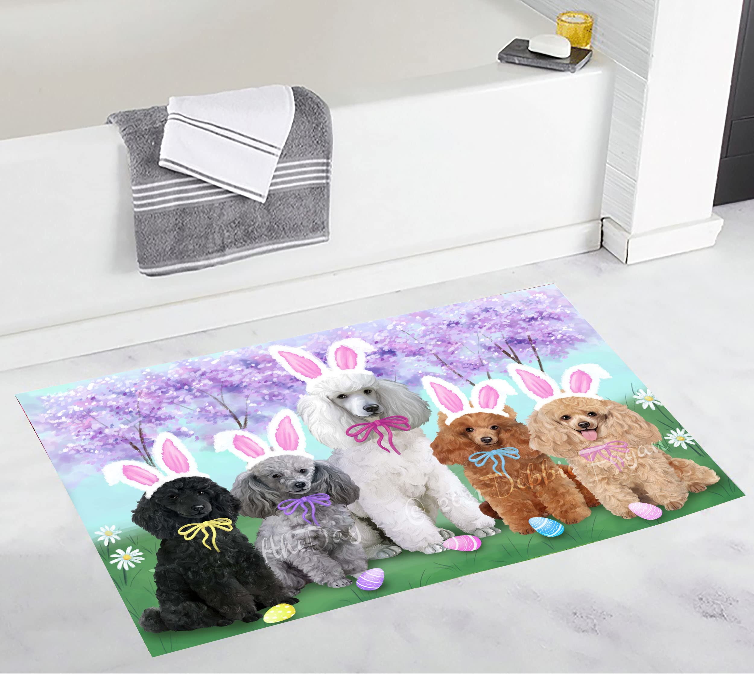 Doggie of the Day Easter Holiday Poodle Dog Bath Mat- Anti-Slip Pet Bath Mat - Soft Absorbent Plush Bathroom Rug Mat - Pets Portrait Unique Rug -