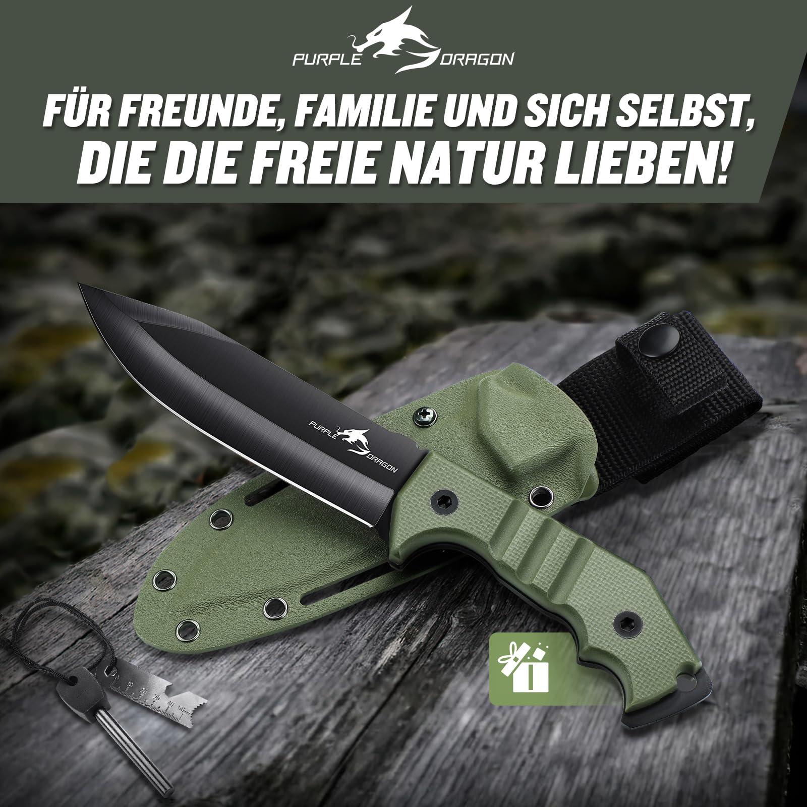 Purple Dragon Survival Messer Feststehende Klinge mit Grüner Kydex Scheide, Full Tang Outdoor Messer aus einem Stück D2 Stahl, G10 Griff für Bushcraft und Camping,Geschenke für Männer