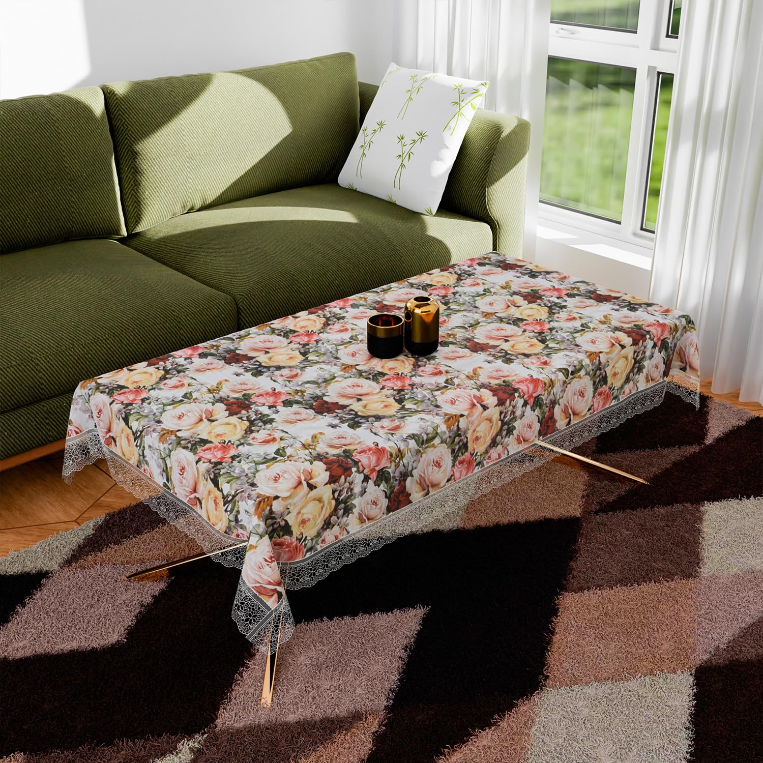 Kuber Industries Center Table Cover | PVC 4 Seater Table Cloth Cover | Rose Table Cover | Table Protector | Table Cover for Center Table | 40x60 Inch | CTC | White