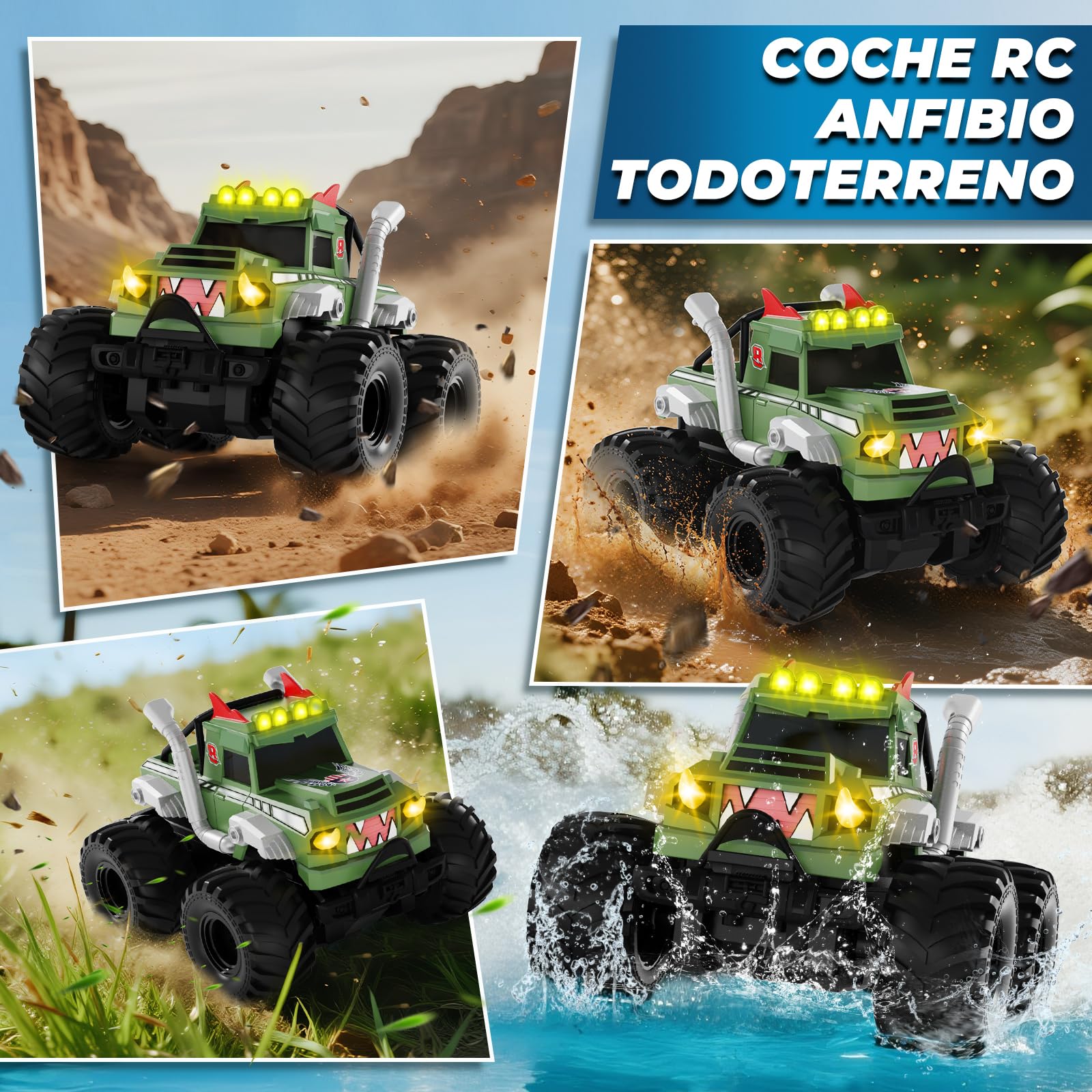Nitigo Coche Teledirigido - 4WD Monster Truck con Cañón de Agua, 1:16 Coche RC Anfibio con Luces LED 20 Km/h, 2 Baterías Recargables 90 Min de Autonomía, para Niños 6-12 Años y Adultos (Verde)