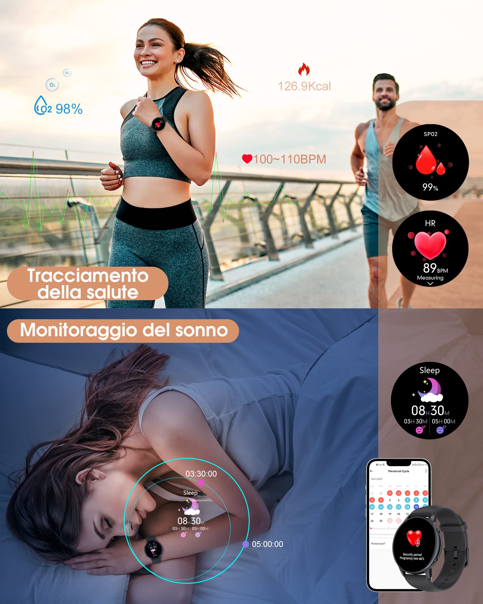 TUYOMA Smartwatch Uomo, 1,3 Zoll Touchscreen Smart Watch Damen, IP68 Wasserdicht Smartwatch Schrittzähler mit Herzfrequenz,Whatsapp, SpO2, Schlafmonitor, per iOS e Android