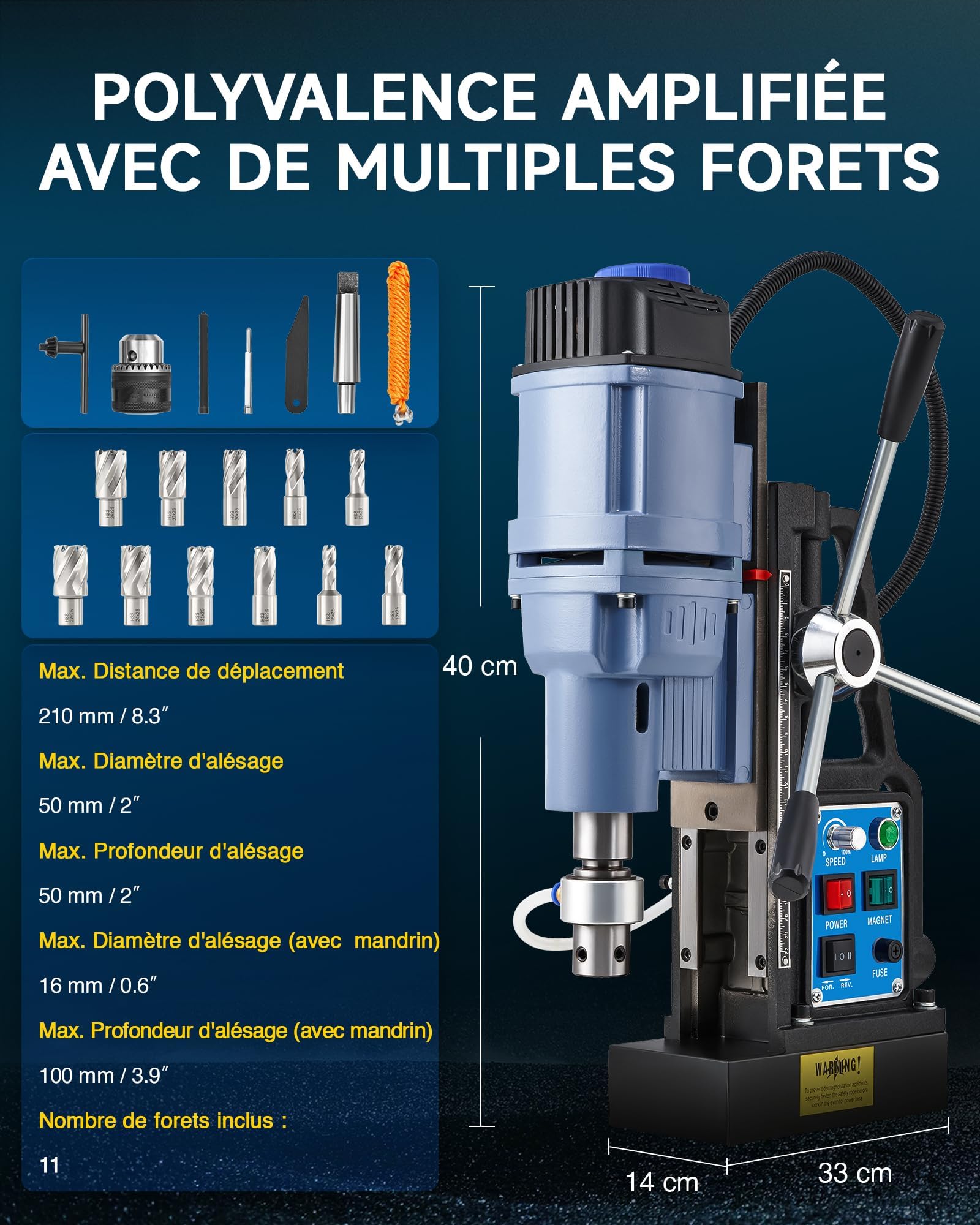 ZELCAN Perceuse Magnétique avec 11 Forets Perceuse à Colonne Électrique Portable 1550W 13900N 650 tr/min Max. Diamètre d'Alésage 50mm Max. Profondeur d'Alésage 50mm