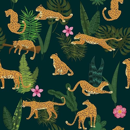 Papel tapiz con estampado de leopardo de 17.7 x 472 pulgadas, papel tapiz tropical para pegar y despegar, papel de contacto verde oscuro para