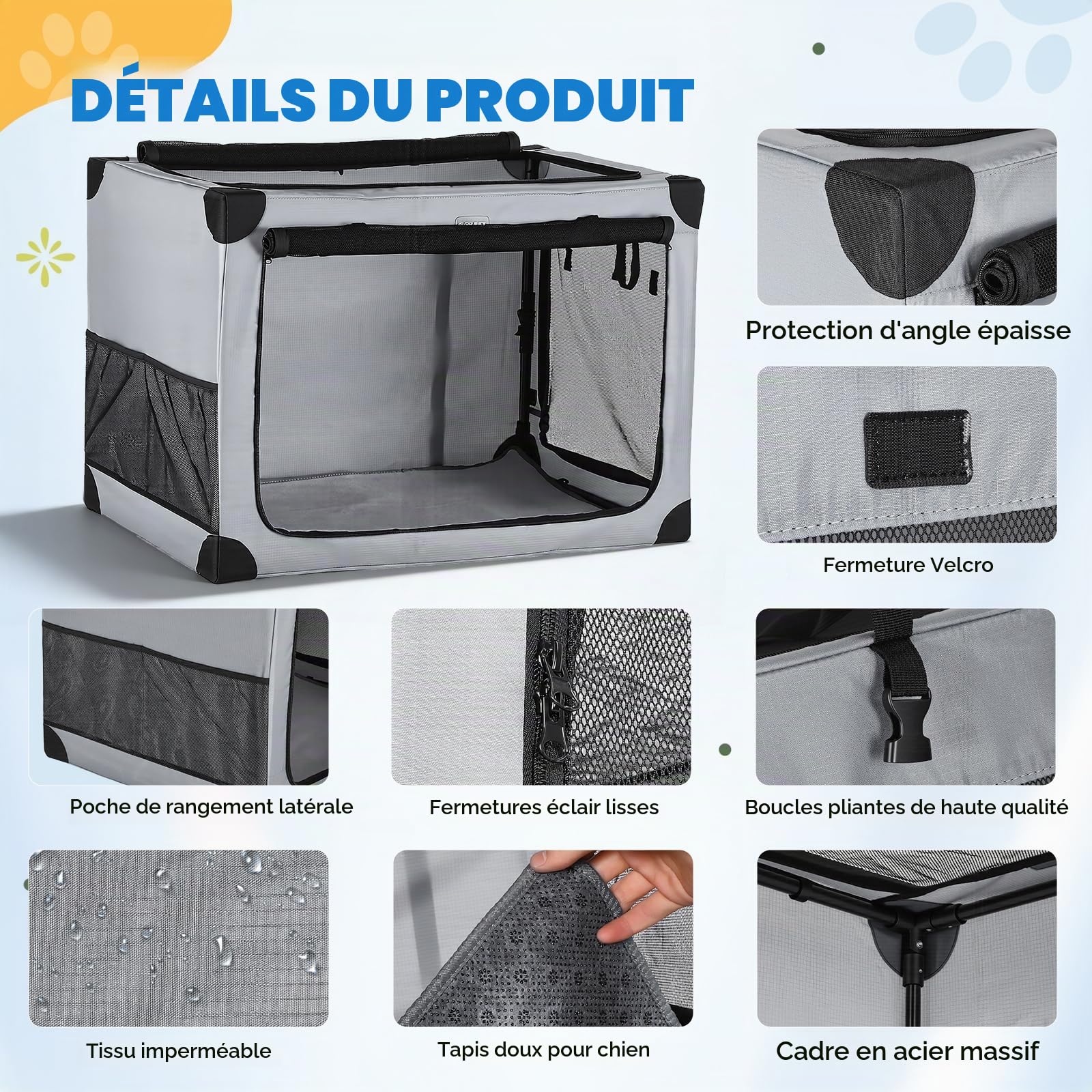 Caisse de Transport pour Chien Pliable 81,5 x 59 x 59 cm, Filets Aérés | Sac de transport pour chien en tissu Oxford 600D déperlant, idéal pour voiture, maison, voyage et camping