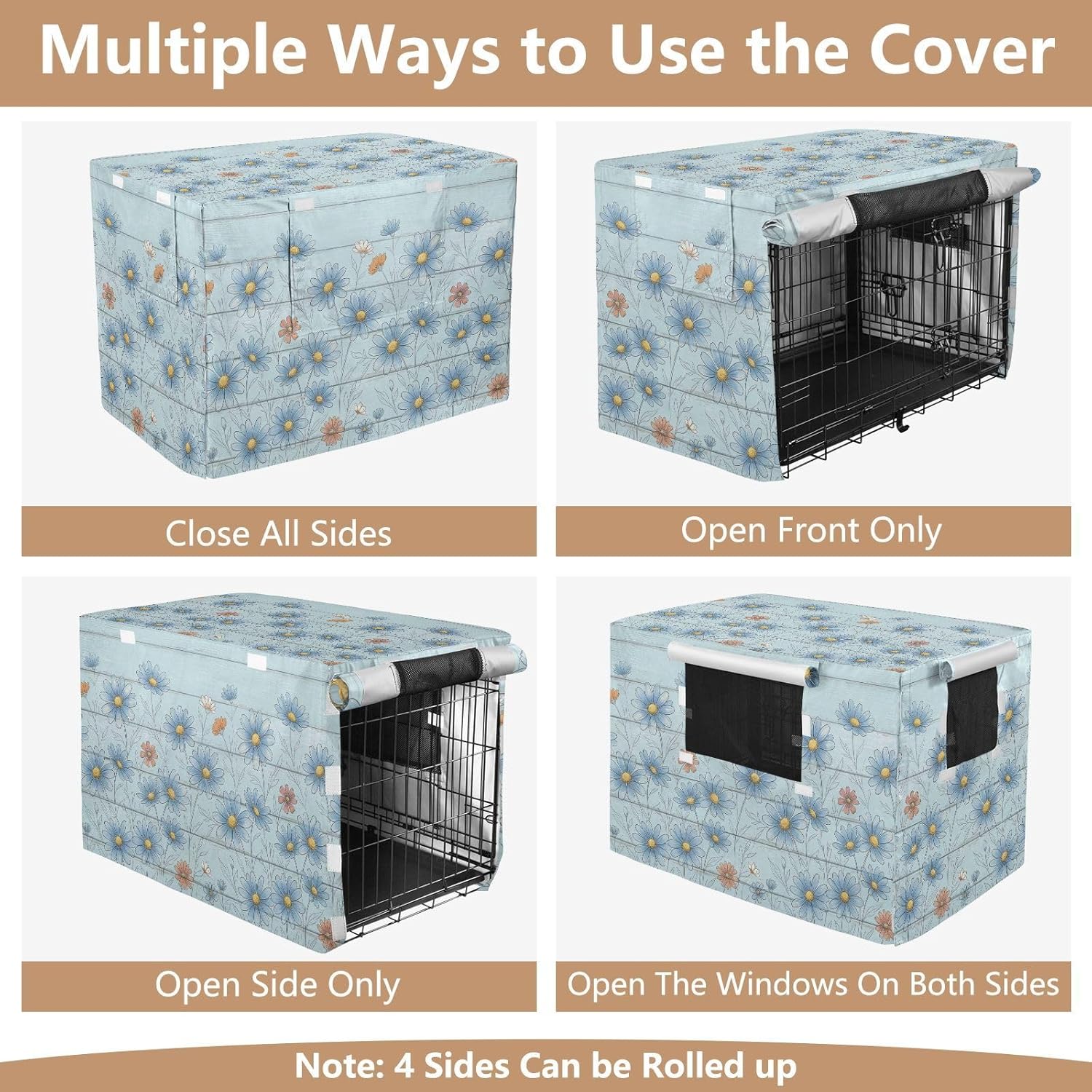 Duty 600D Silver Coated Dog Crate Cover, Water-Resistant Daisy Print Pet Kennel Canopy with Mesh Windows for Optimal Ventilation, Universal Fit for Standard Wire Cage, Indoor & Travel