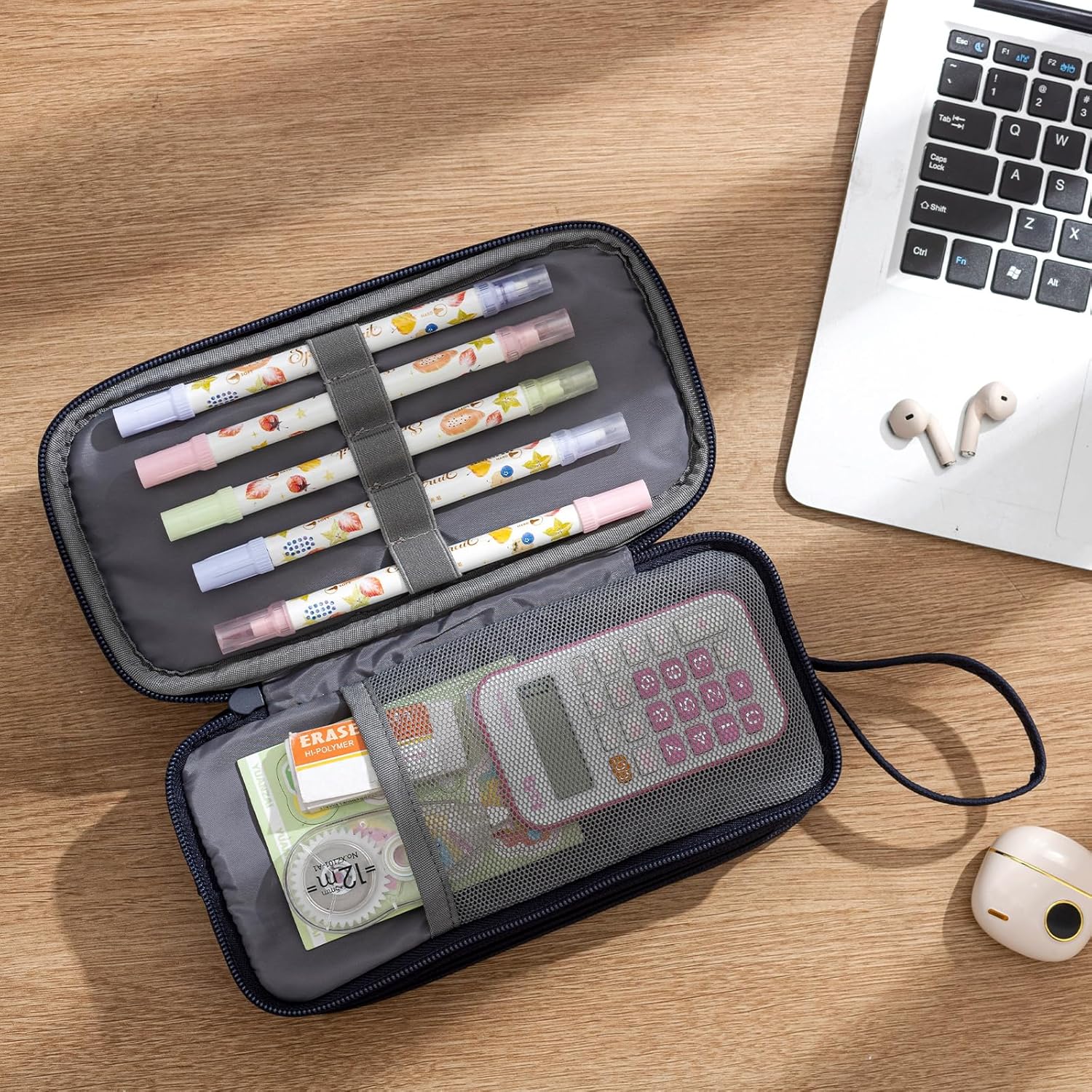 NOL Natural Organic Lifestyle Large Capacity Pencil Case Zipper Pencil Purse 3 Compartment Pencil Pouch Office Stationery Organizer Multi-functional Pencil Bag for School Girl Boy Adults - Navy blue - Image 7