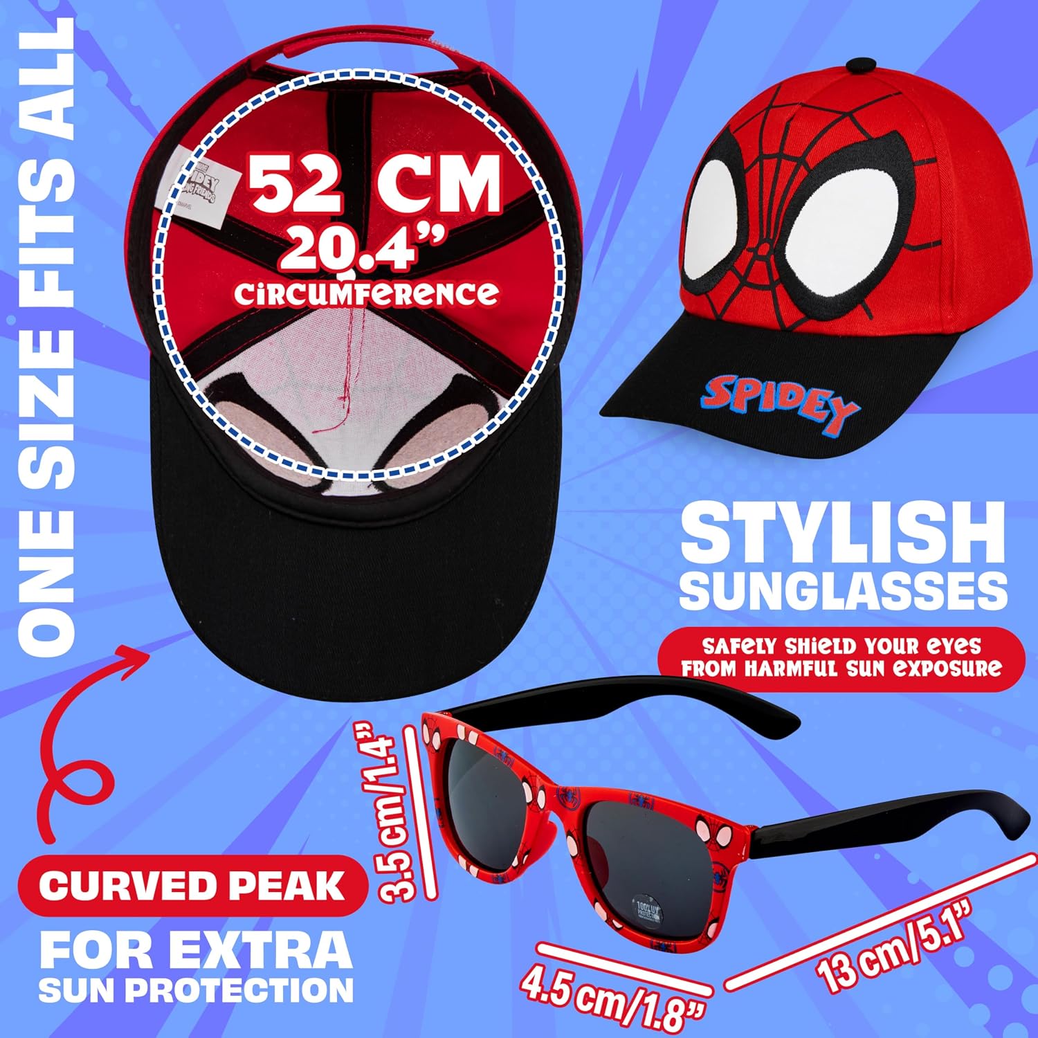 Marvel Spiderman Baseball Cap and Kids Sunglasses Set Breathable Adjustable Sun Hat 100% UV Summer Accessories Set Vacation Essentials Gifts for Boys (Black/Red)