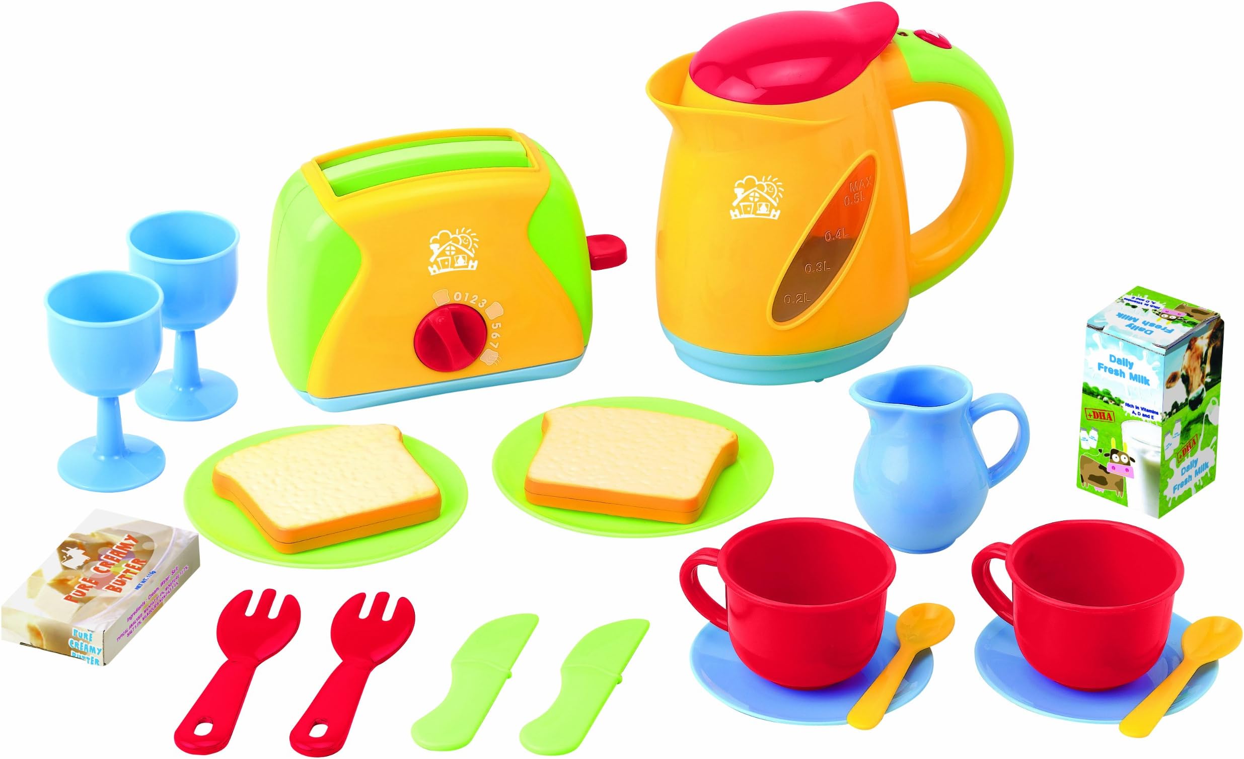 PLAY21-Pcs Breakfast Playset | Tea Maker & Toast Maker | Realistic Plastic Toy Cutlery Tea Set Toy | Kids Play Kitchen Accessories Cooking Set | Pretend Play Kids Cooking Serving Dishes - 2.2 Pounds