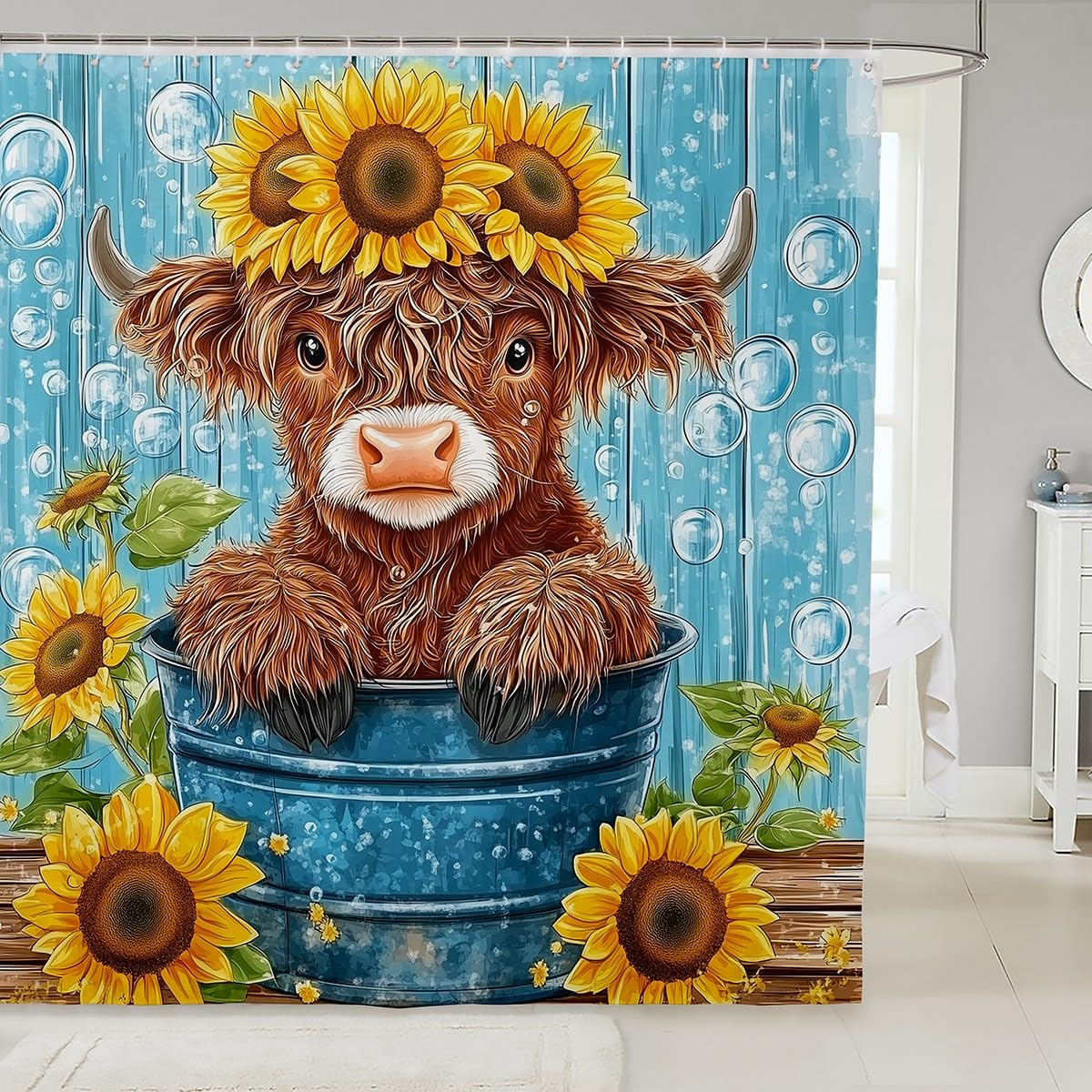 Homemissing Highland Cow Bath Curtain 150x180cm Dasiy Shower Curtain Highland Cattle Bathroom Shower Curtain Set Animal Bathroom Accessories Blue — image 1