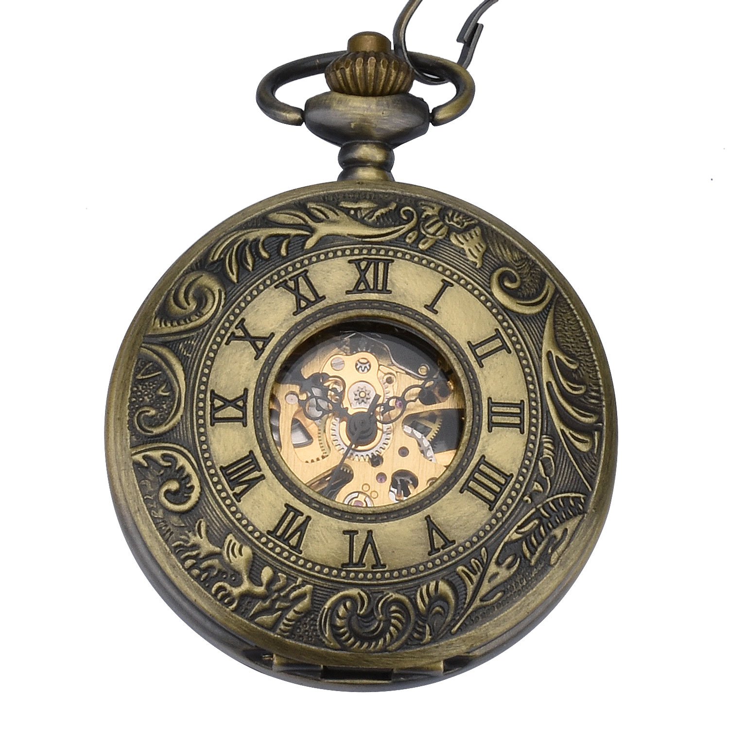 Zeiger Pattern Full Half Double Hunter Mechanical Pocket Watch with Chain (Bronzy W350)