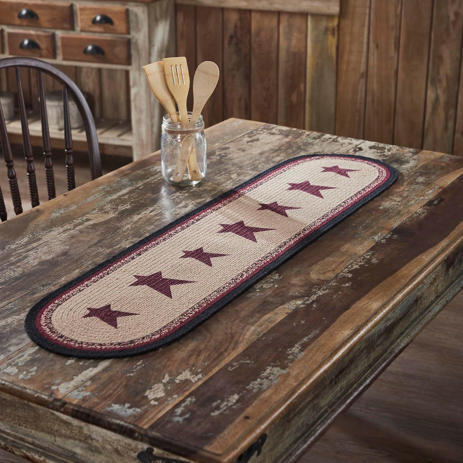 VHC Brands Braided Cotton Table Runner 12x48, Cotton Dining Room, Kitchen Table Runner, Jute Style, Farmhouse, Stenciled, Connell Collection, Rectangle 12x48, Stars, Burgundy