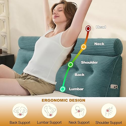 Vista 2 de Cabecero de cama individual, cojín triangular tipo cuña con cojín de cuello, cojín de apoyo para la espalda con funda extraíble y lavable para cama