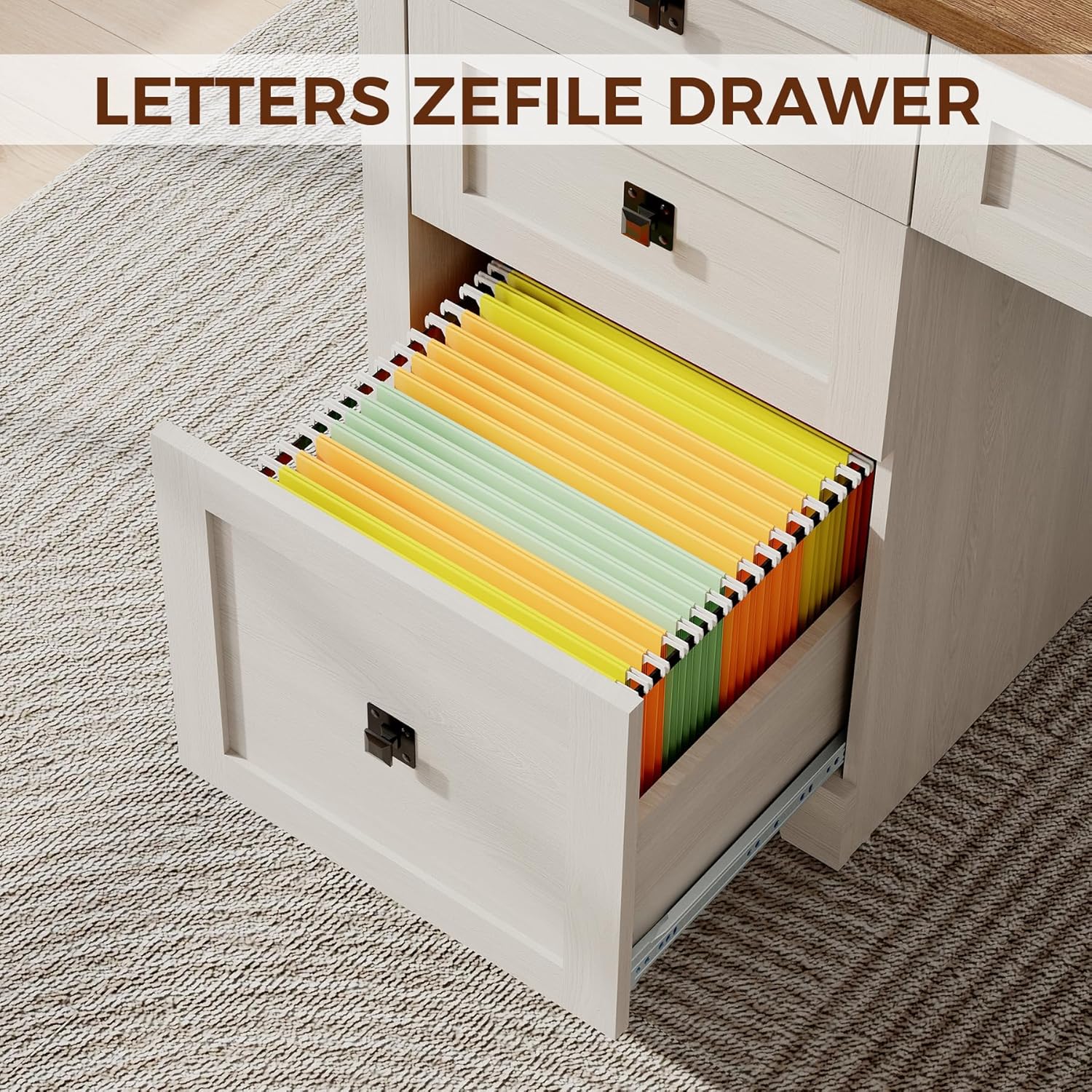 61" Farmhouse Executive Desk with Drawers, Wood Home Office Desk with File Cabinet, Charging Station and Storage Cabinet, Computer Desk Workstation for Work and Study, Antique White