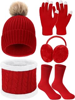 5 Pcs Women Winter Warm Hat and Gloves Scarf Set Knitted Beanie Ski Outing Pompom Hat Winter Ear Warmer Ski Earmuffs Stocking