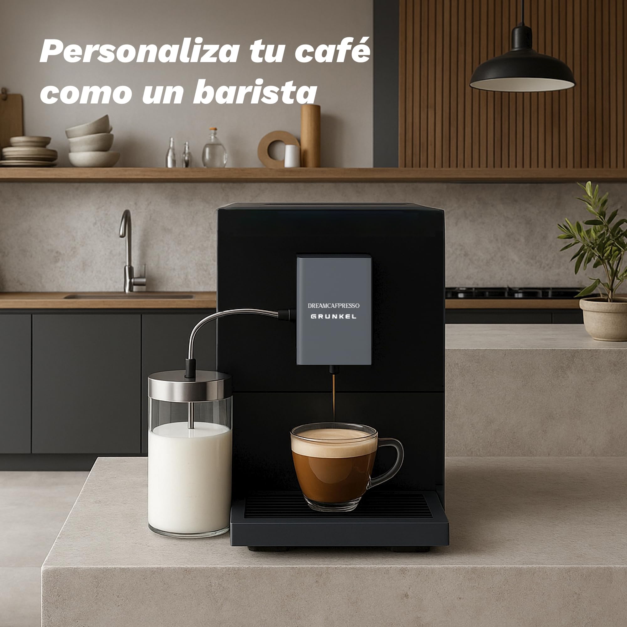 Grunkel DREAMCAFPRESSO Super automatyczny ekspres do kawy, 1,2 l, 5 napojów, ekran dotykowy, automatyczny spieniacz i podgrzewacz do mleka, zdejmowany młynek, 20 bar