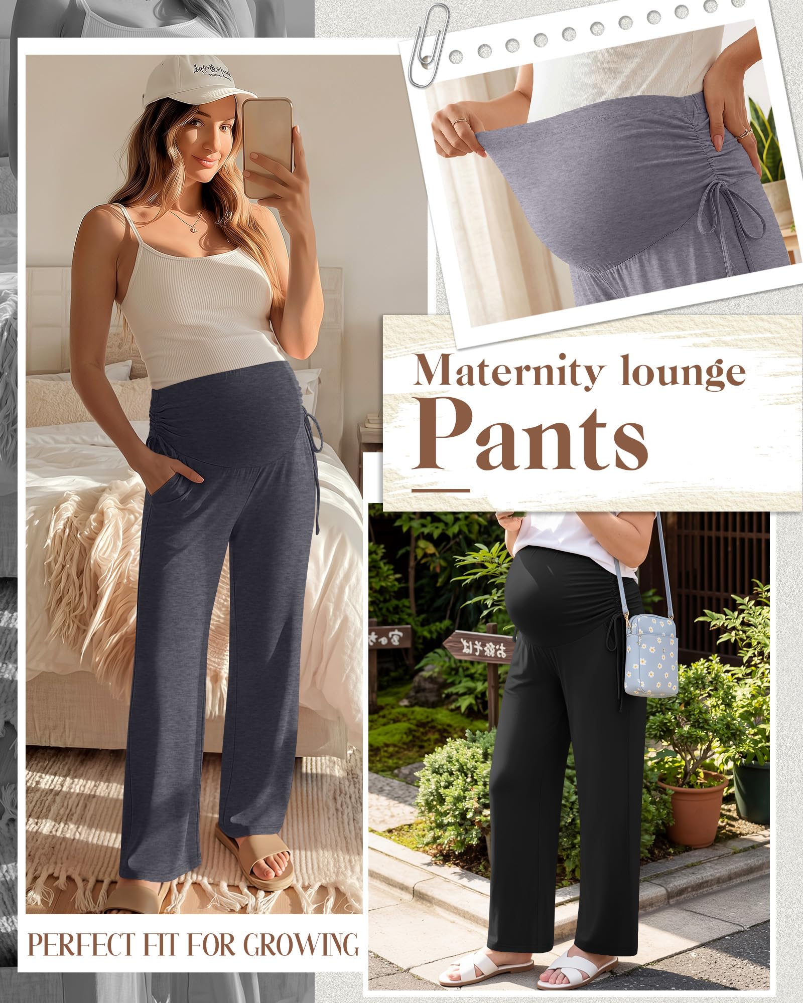 Neer Lot de 3 pantalons de maternité pour femme - Pantalon de grossesse ample extensible avec poches