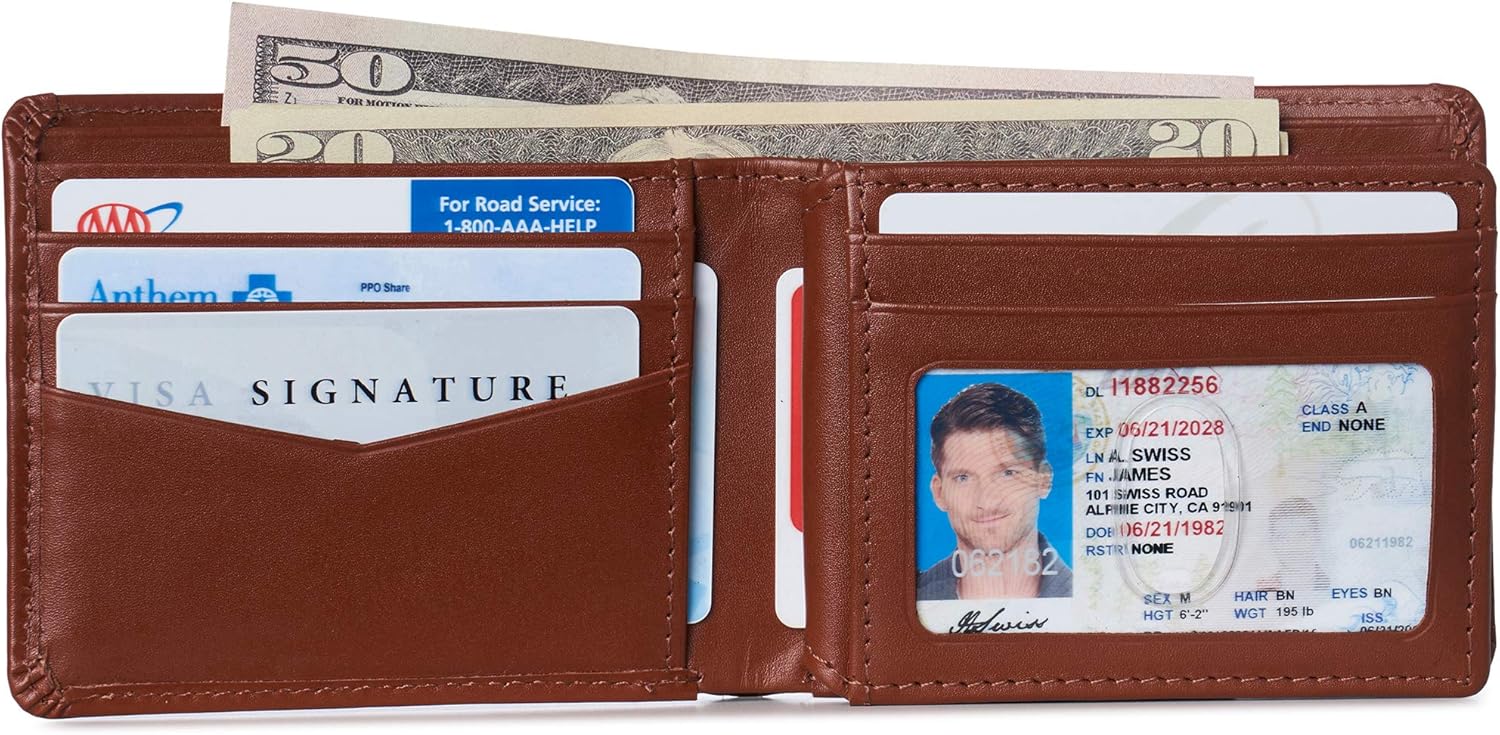 Alpine Swiss Wallet for Men Nolan Commuter Bifold Dual ID Windows for License Work Badge RFID Protection Divided Bill Section Gift Boxed Smooth Finish Tan - Image 2