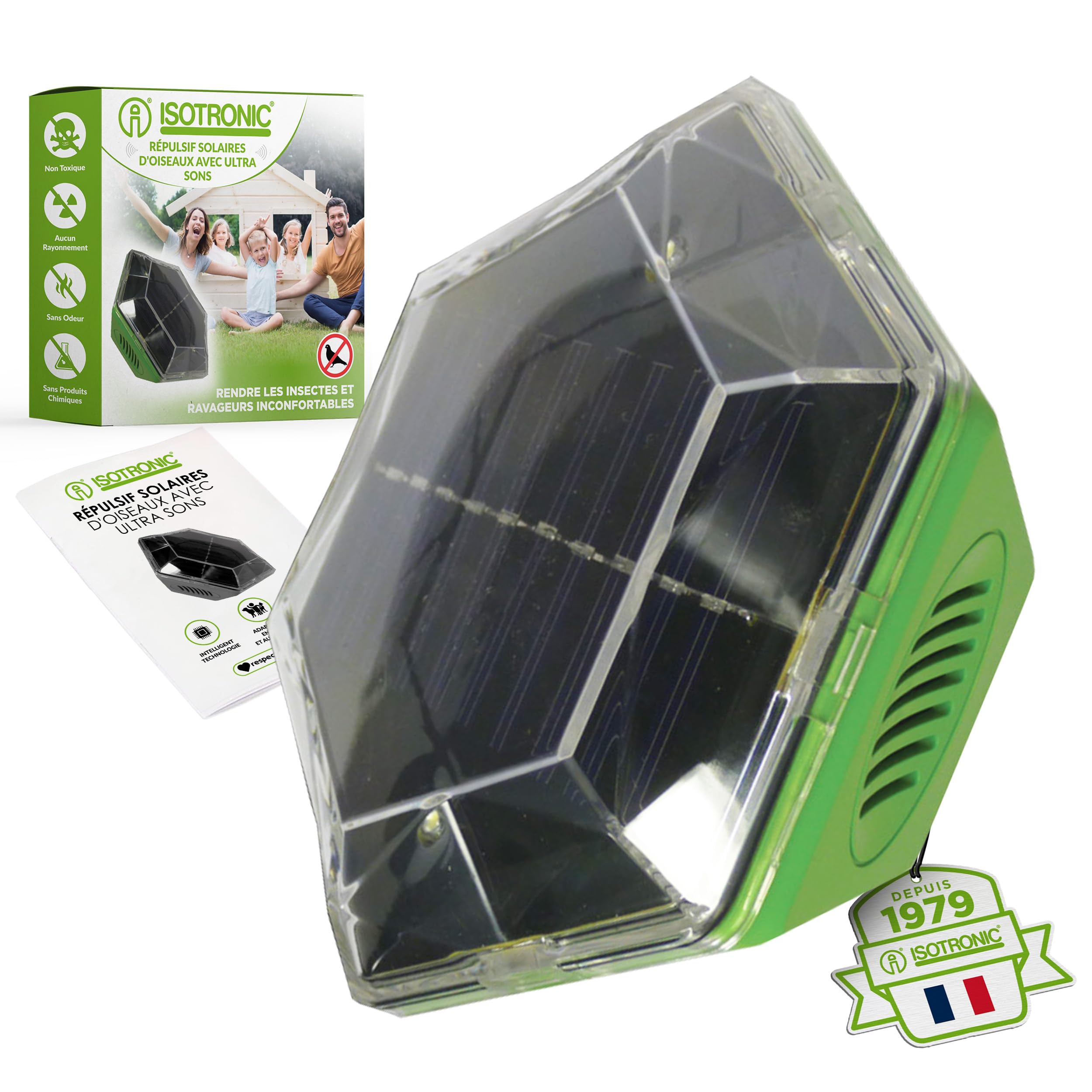 ISOTRONIC Répulsif Solaire Flash et ultrasons – Éloigne Pigeons et Oiseaux – Portée 150 m² – 1 unité