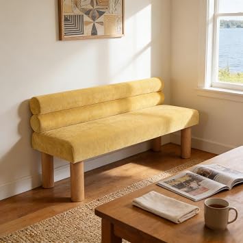Yellow 51 Upholstered Dining Bench with Back | Modern Entryway Bench Bedroom End of Bed Seating with Cushion and Wood Leg, Wooden Shoe Bench for Kitchen Bedroom Hallway