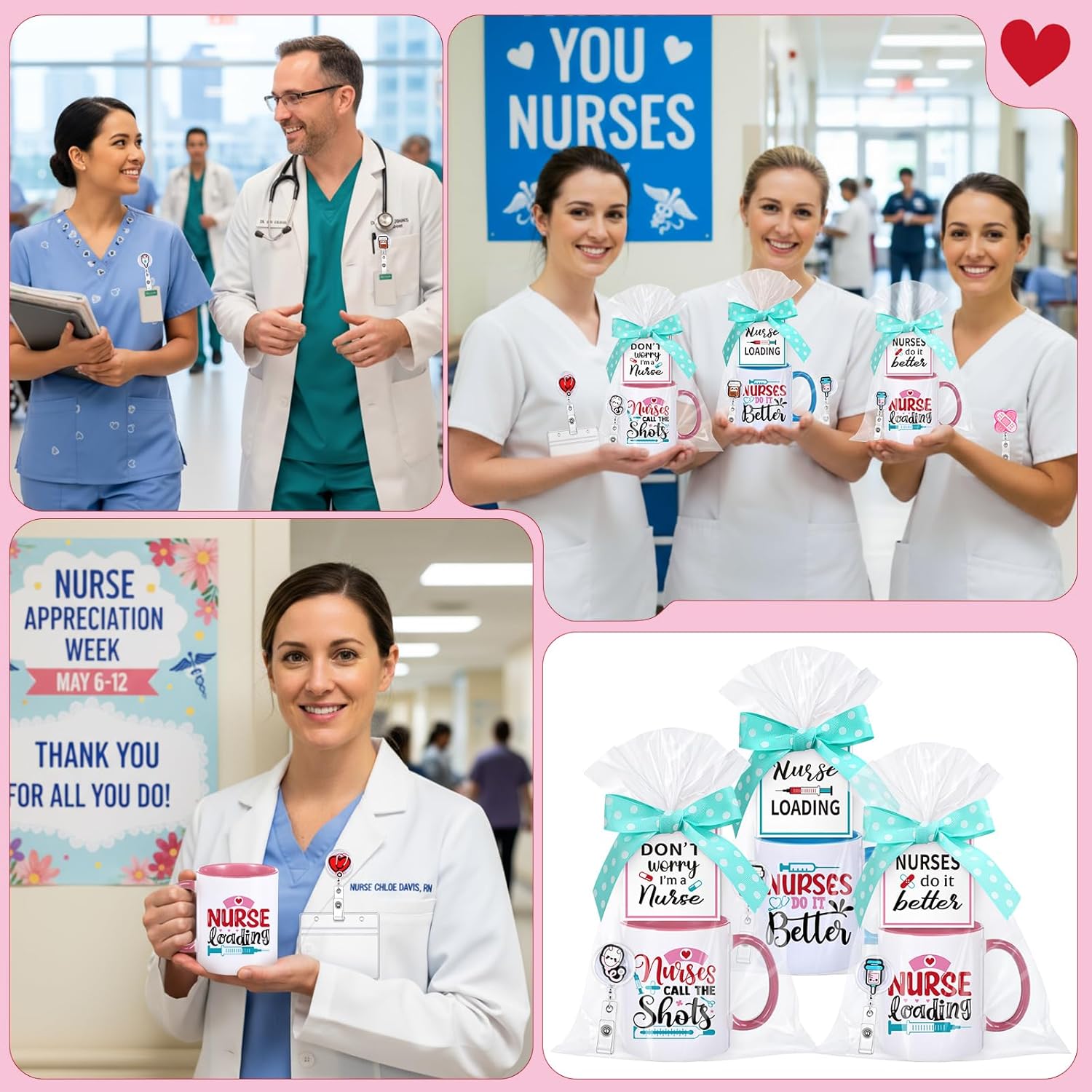 6 Sets Nurse Appreciation Gifts Bulk Nursing Week Party Favors Include Coffee Mugs Badge Reels Greeting Tags Gift Bags Ribbons for Retirement Graduation Birthday Gifts Decoration Supplies
