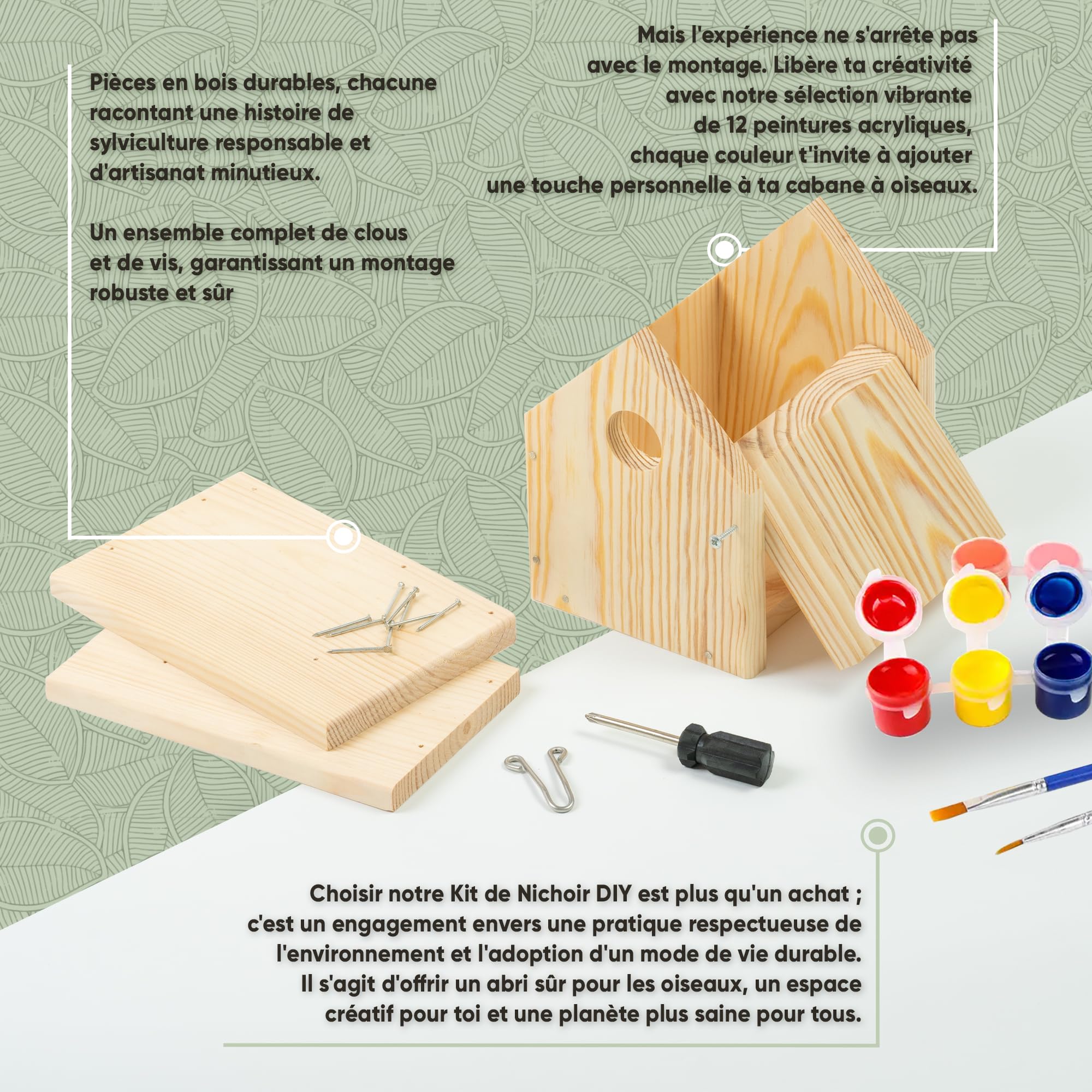 Mice&Co Maison d'Oiseau en Bois à Peindre | Kit Loisir Créatif DIY Jardin | Inclut 12 Peintures et 2 Pinceaux, Clous et Vis Inclus, Origine Européenne, Vrai Nichoir, Idée Cadeau