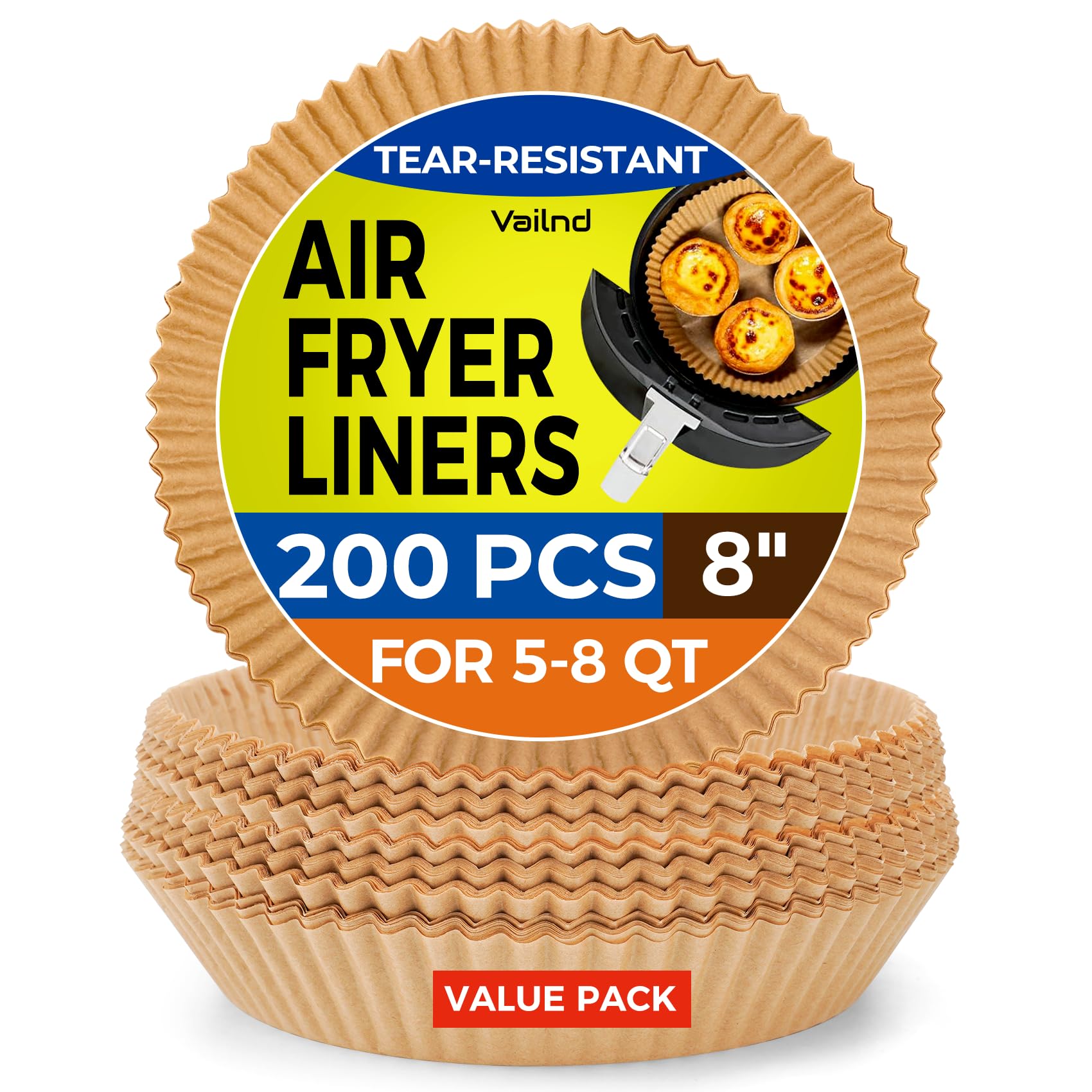 Vailnd 200 Pcs 8" Round Airfryer Paper Liners Disposable for Ninja | Non-Stick | Oil Proof | Unbleached Parchment Paper Air Fryer Liners for 5-8 qt Basket, Air Fryer Essential Accessory