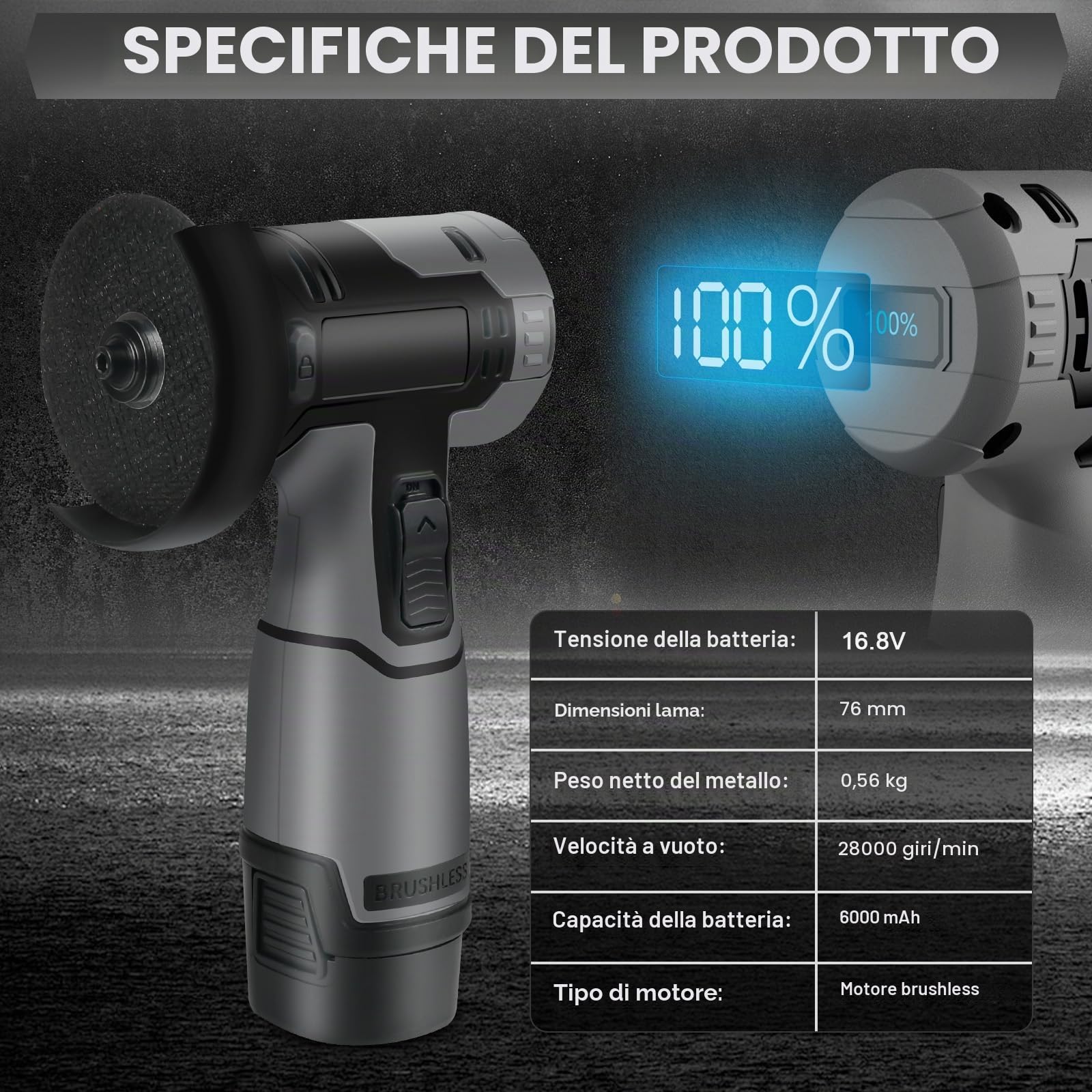 Smerigliatrice a Batteria 76MM, 32000 RPM Smerigliatrice Angolare, Mini Smerigliatrice a Batteria con 2 Batterie 16.8V 2500mAh e 4 Dischi da Taglio per Tagliare, Lucidare e Levigare