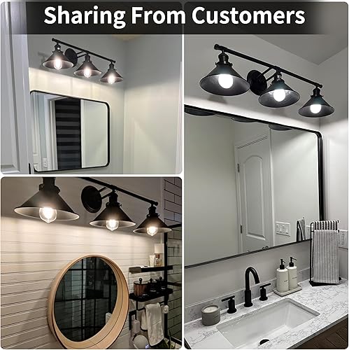Miniatura 3 de 2025 - Luces de tocador negras de 32 pulgadas para baño, 3 luces, color negro mate, lámpara de tocador industrial, lámpara de pared moderna con cono