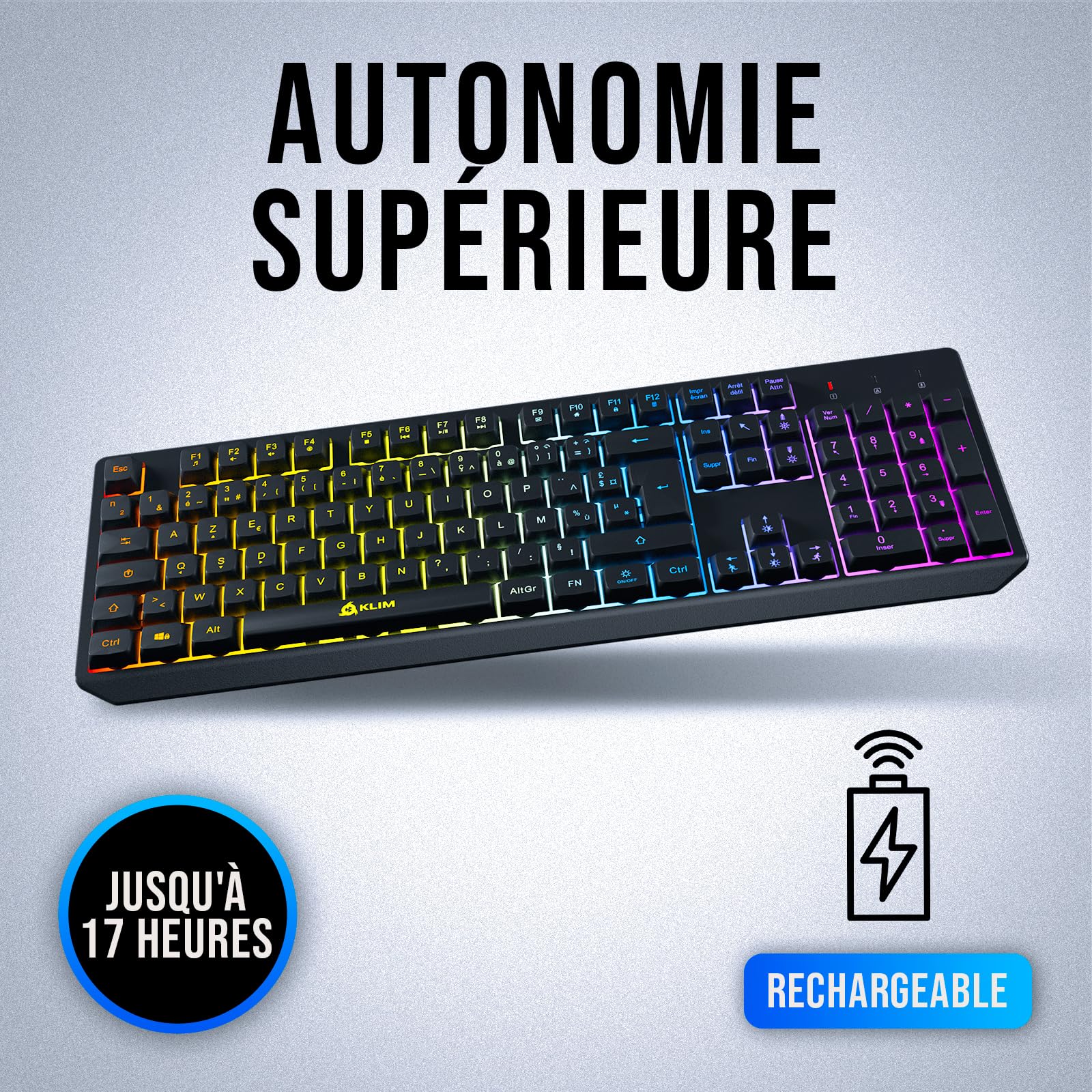KLIM Chroma – Clavier sans Fil Gaming AZERTY FR, Rétroéclairage RGB, Silencieux & Ergonomique, Batterie Intégrée Longue Durée, Résistant aux Éclaboussures – USB 2,4 GHz pour PC/Mac/PS4/PS5 – Noir