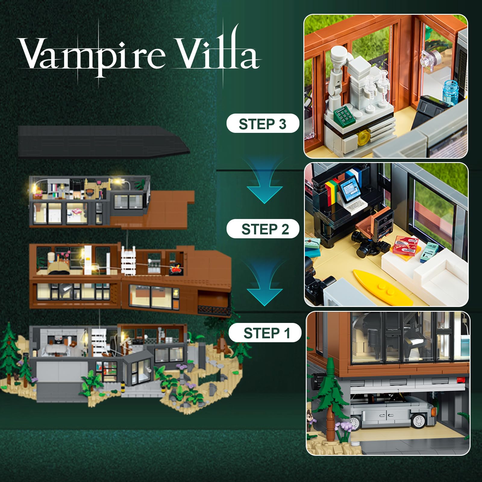 Set Mattoncini Vampire Villa, 2813+ Pezzi Modello Casa Moderna con Luci, Villa Ispirata al Cinema - Regalo di Natale per Adulti e Adolescenti Appassionati di Architettura