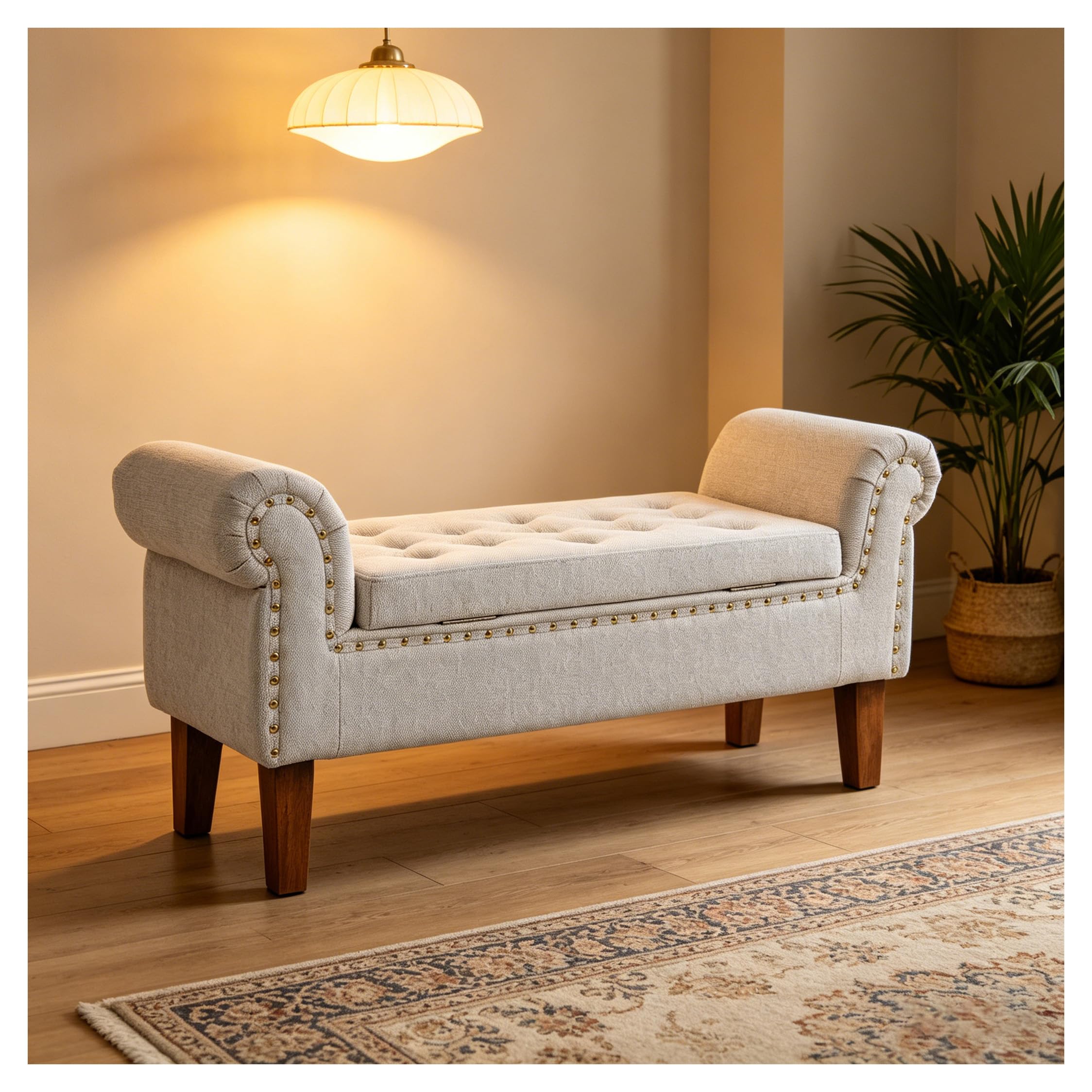 INMOZATA Upholstered Window Seat Storage Ottoman Bench with Rolled Arms, Linen Button-Tufted Entryway Bench with Nailhead Trim & Storage Space, Storage Bench for Living Room,Bedroom, Hallway, Beige