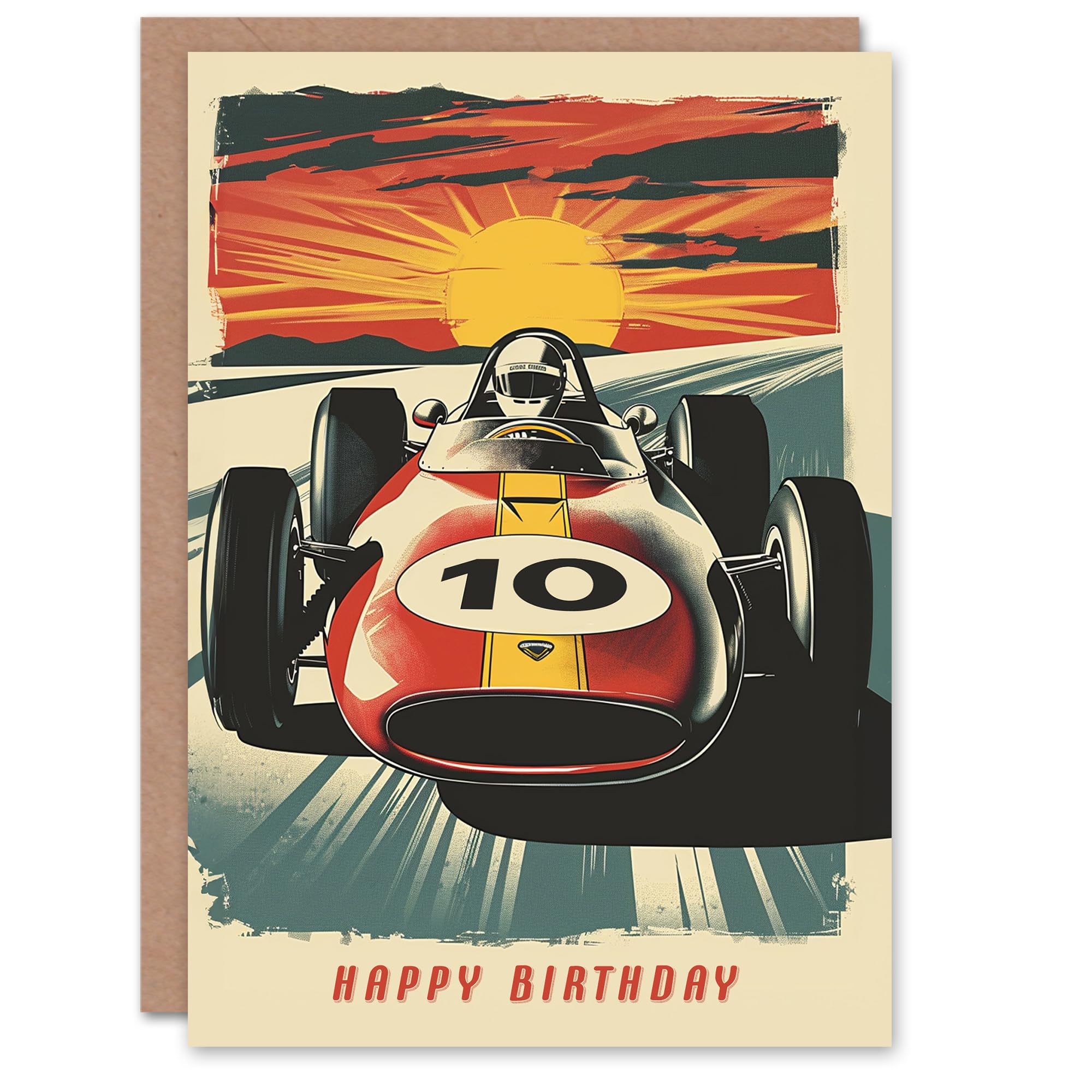 Artery8 Birthday Card Race Car Sunset Racing Age 10 Motorsport Ten Year Old For Child Kids Greeting Card