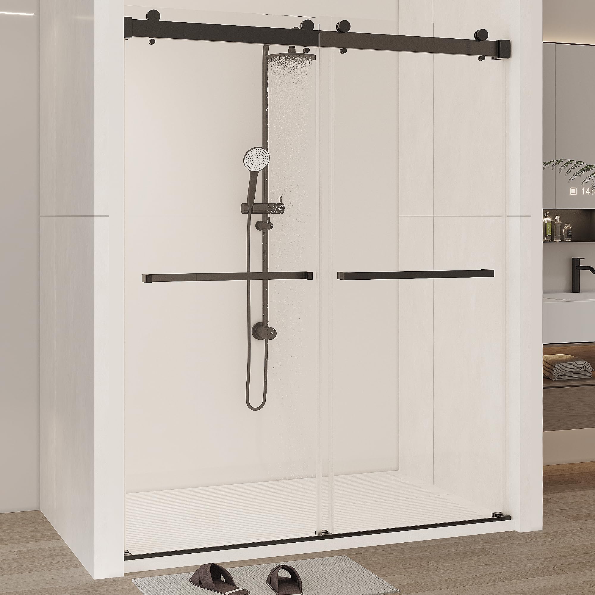 Double Sliding Shower Door 60" W x 76" H for Bathroom, Frameless Shower Glass Door with 5/16"(8mm) Tempered Glass Door, Seal Strip Handle Width Adjustable for Walk-in Bathtub (Black)