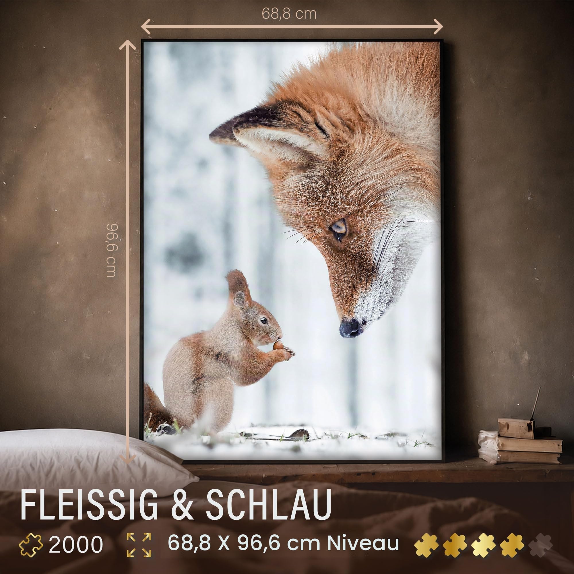 Ulmer Puzzleschmiede - Puzzle «travailleur et Intelligent » - Puzzle Animal astucieux de 2000 pièces - Écureuil et Renard dans la forêt d'hiver - Animaux étonnamment mis en scène