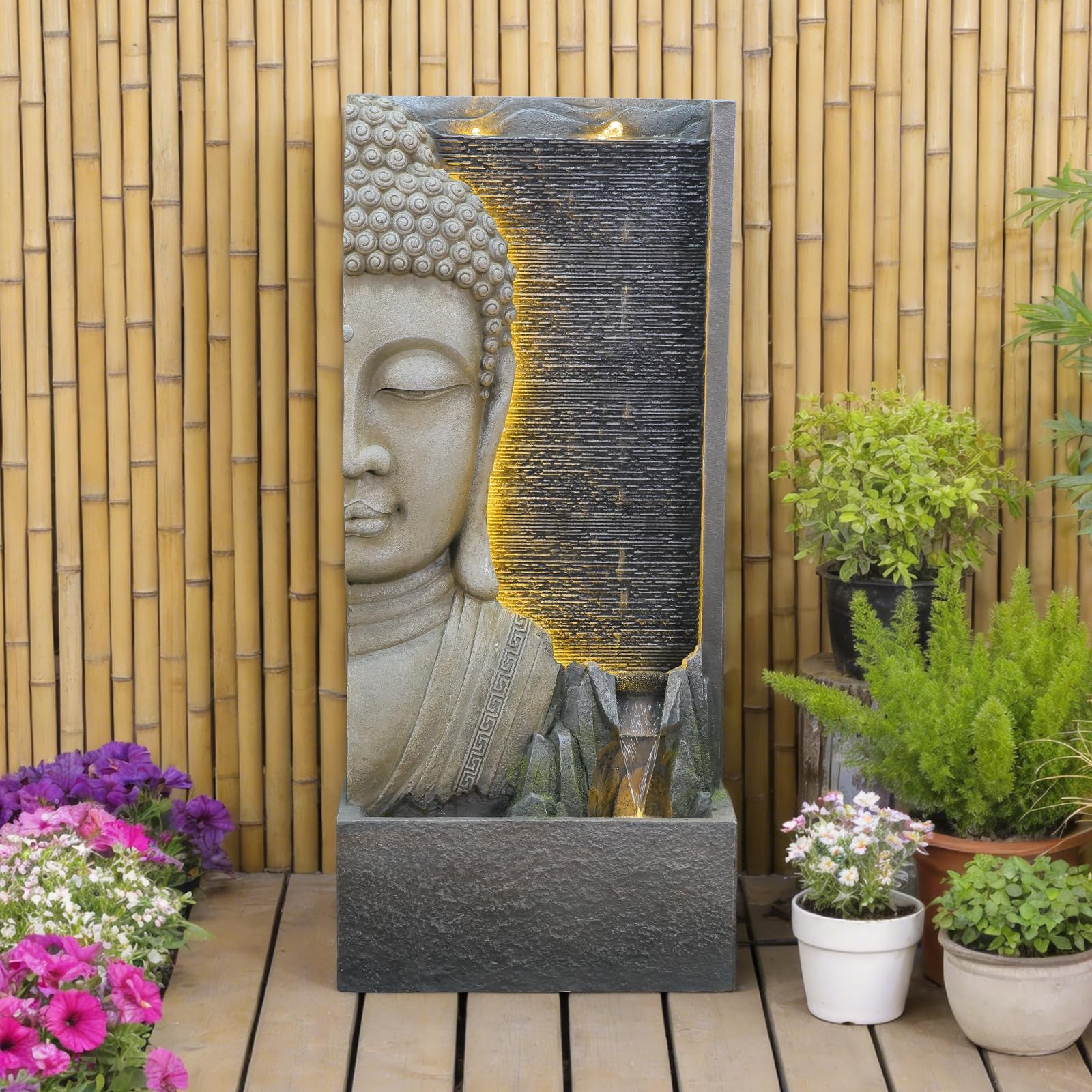 Sunlinua 117cmH Zen-Buddha Gartenbrunnen mit LED, Wasserfall mit Doppel-Bubblern und Bachlauf, Harz-Statue für Terrasse, Garten, Veranda, Meditations-Dekor, Grau
