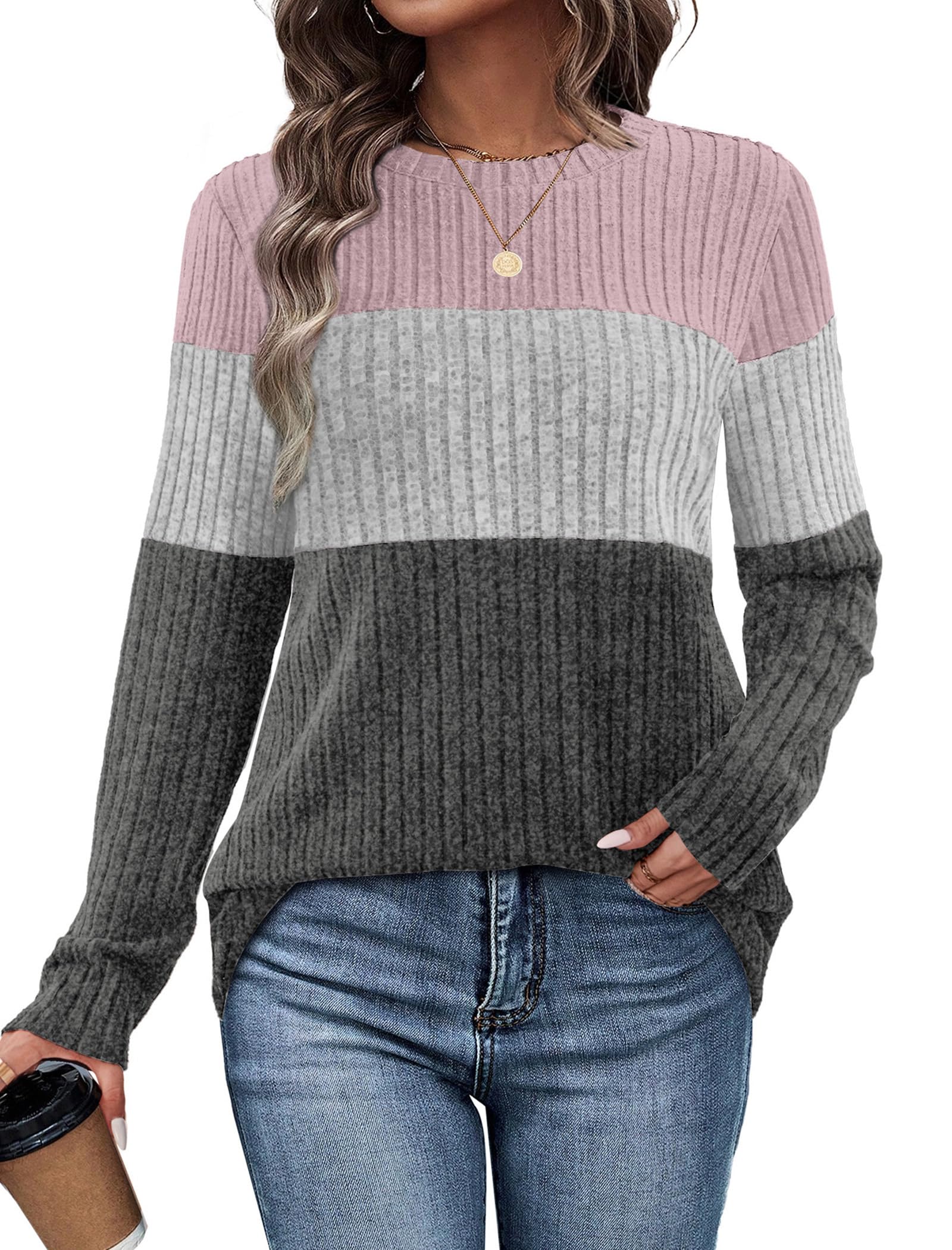 WIHOLL Womens Sweaters Trendy Color Block Tops Long Sleeve Shirts Fall Outfits Early Fall Fashion 2025 Winter Clothing