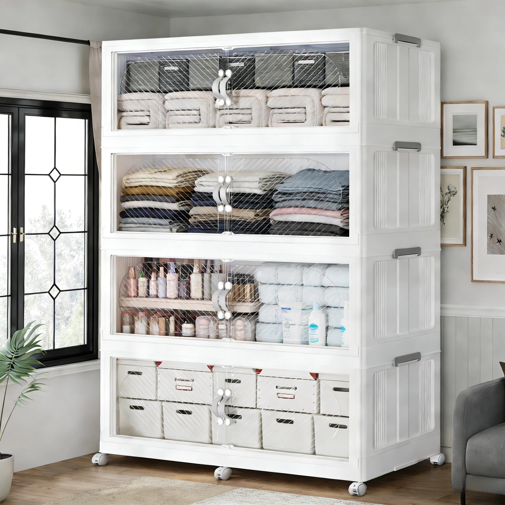 960QT - Contenedores de almacenamiento apilables extragrandes con tapa, organizadores de armario de plástico de 240 galones y cajón de almacenamiento, caja plegable con ruedas, puertas