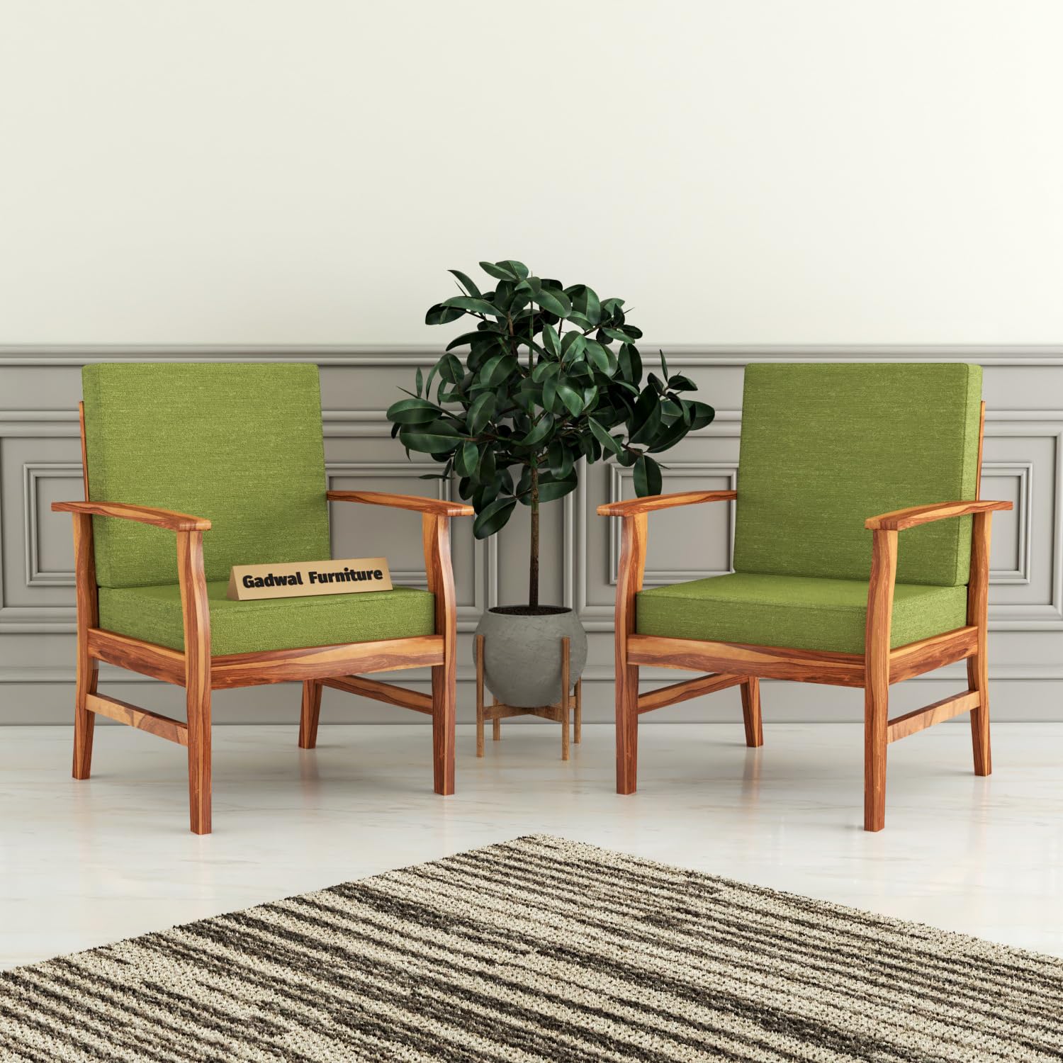 GADWAL FURNITURE Solid Sheesham Wood Wooden Single Seater Sofa Chair Set of 2 for Living Room,Bedroom,Outdoor (Honey Finish) 2-Person Sofa, Green