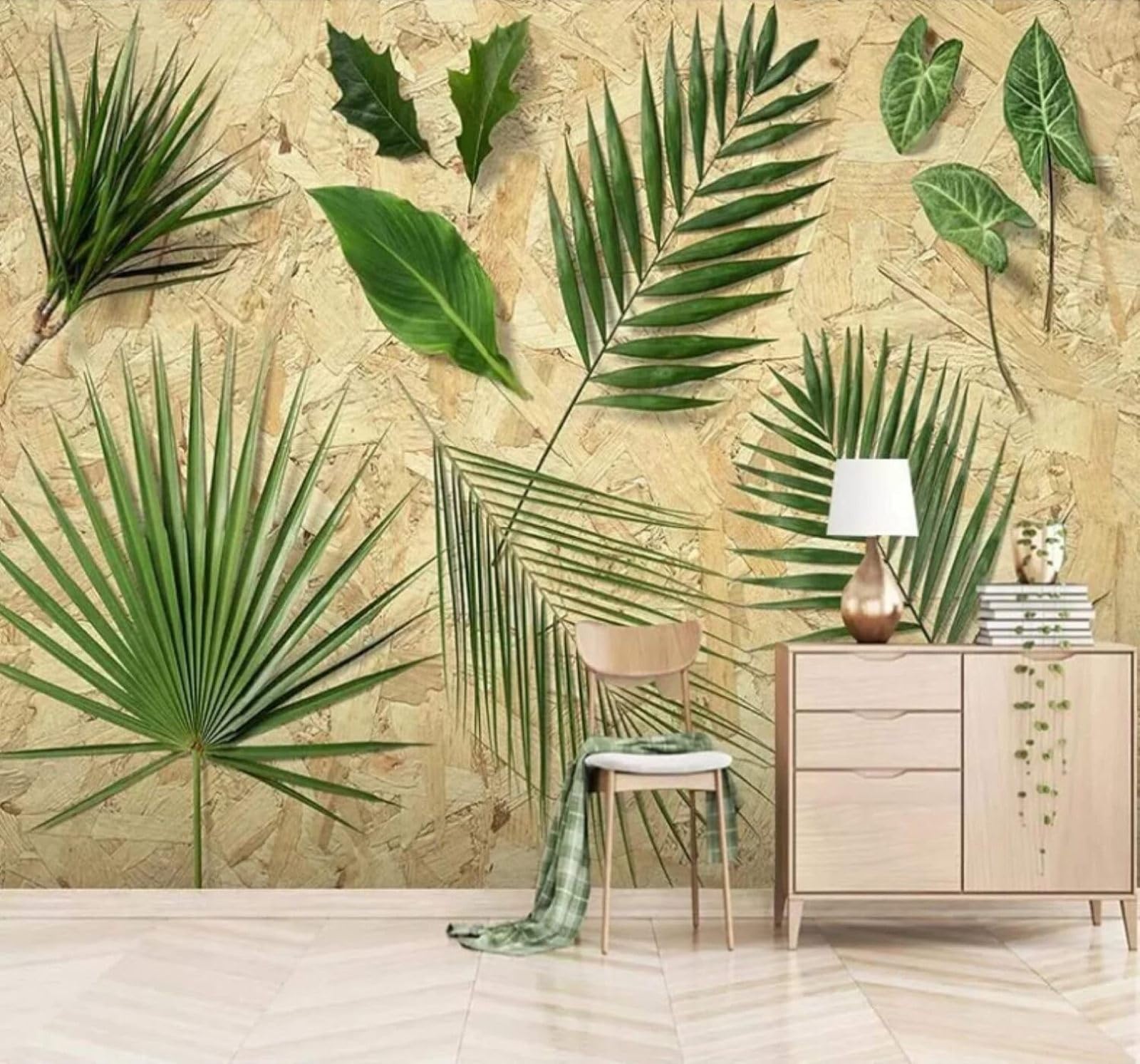 Minimalist Three Dimensional Green Leaves Vintage Wood Grain 3D Wallpaper Easy Install Feature Office Living Room Sofa Bedroom TV Background Wall Decoration-430cm×300cm