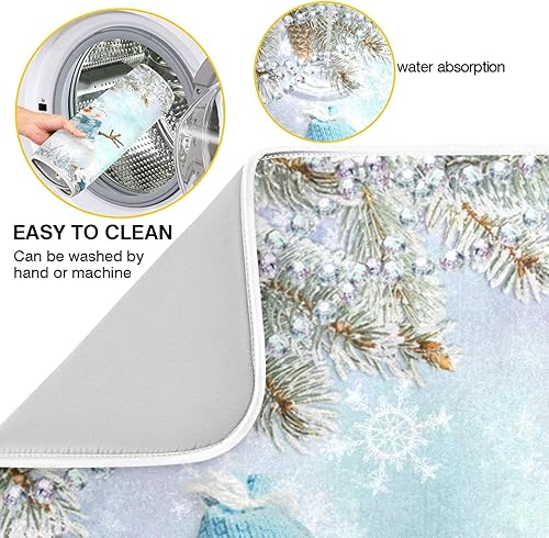 Miniatura 3 de Tapete absorbente de secado de platos con diseño de muñeco de nieve de invierno, reversible, 18 x 24 pulgadas, adorable pino, copo de nieve,