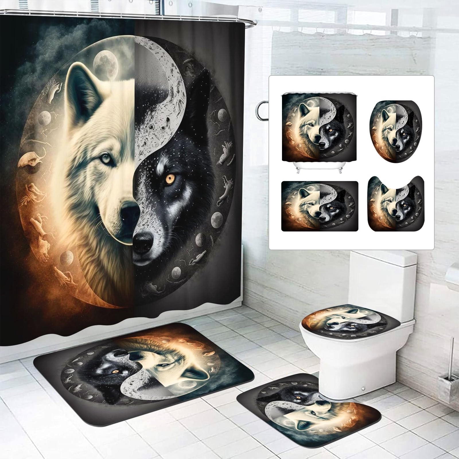 SMchwbc 4-Piece Wolf Shower Curtain Sets Forest Moon Wolf Shower Curtain 180 x 200 cm Wolves Textile Forest Animal Shower Curtains Polyester Bathroom Rug 4-Piece Set (200 x 240 cm (W x H), 4)