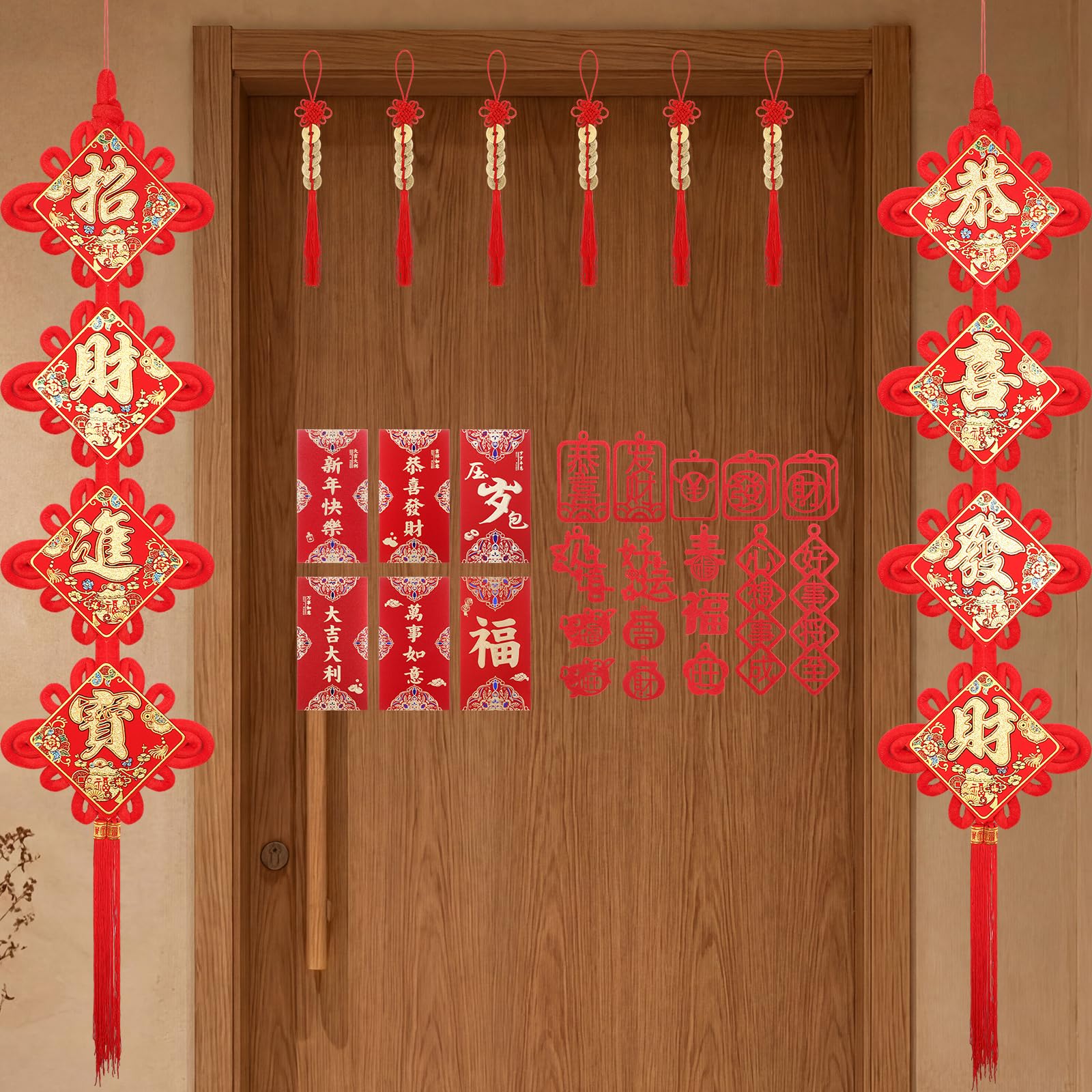 30 Pcs Chinese New Year Decoration 2026 Include 2 Pcs 45 x 9in Chinese Knot Couplets 6 Red Envelope 16 Potted Plant Pendant and 6 Copper Coin Pendants for Lunar New Year Decoration(Lucky)