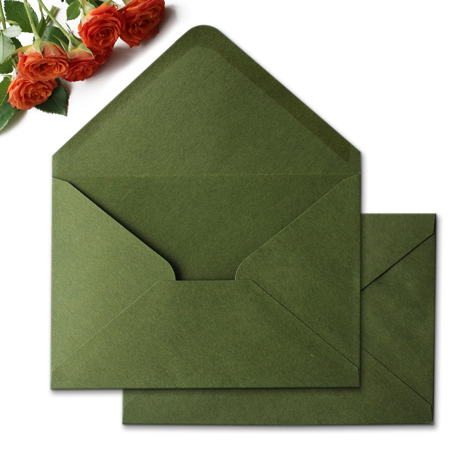 KUCHYNEE 50PCS A7 Olive Green Envelopes, 5x7'' Self Seal Envelopes Perfect for Weddings invitation, Christmas Gift Cards, Birthday, Photos, Acrylic