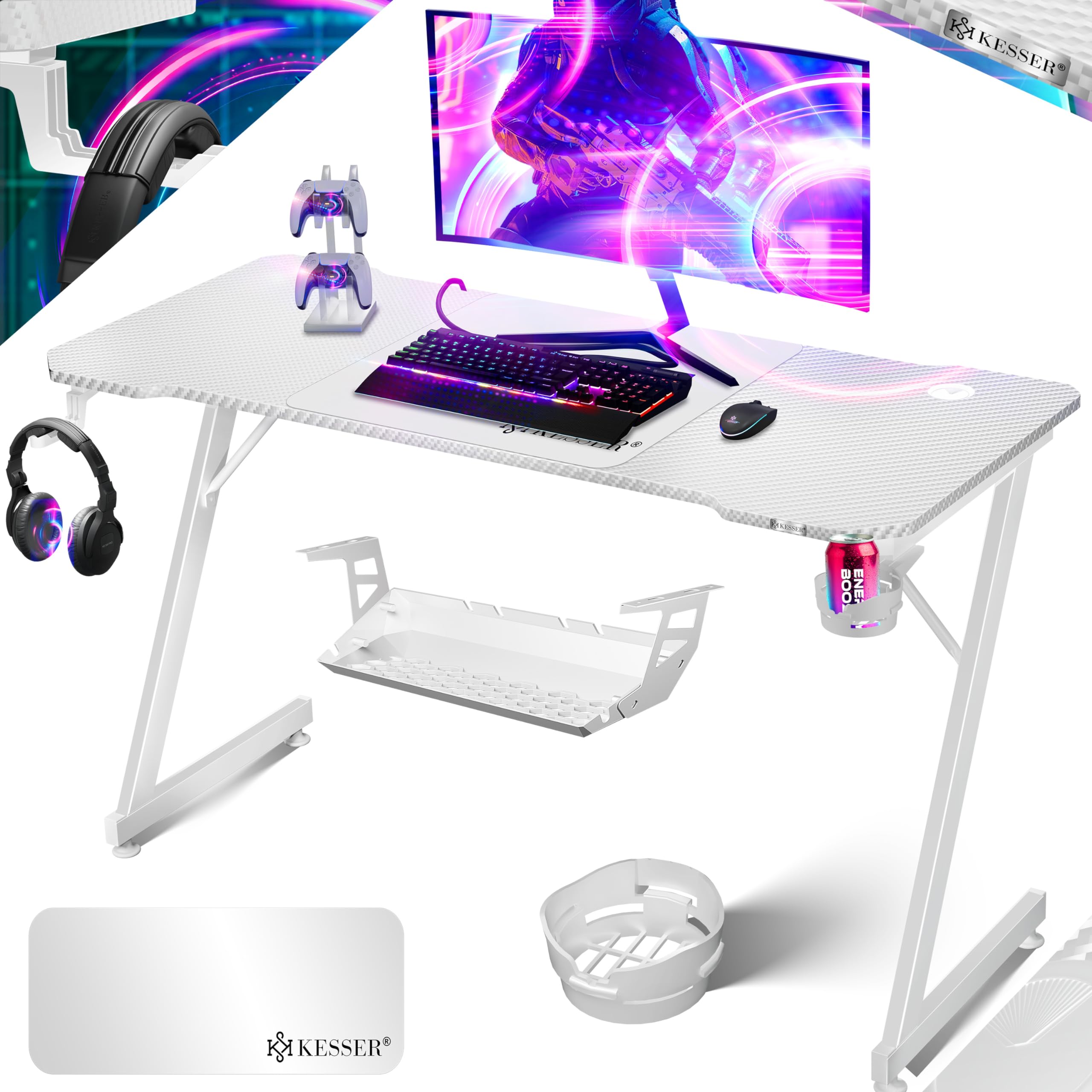 KESSER® Mesa Gaming | 140 x 60 cm | Escritorio para Gamer en Forma de Z | Soporte para Auriculares | Mesa ergonómica para Ordenador | Incl. Alfombrilla de ratón y Soporte