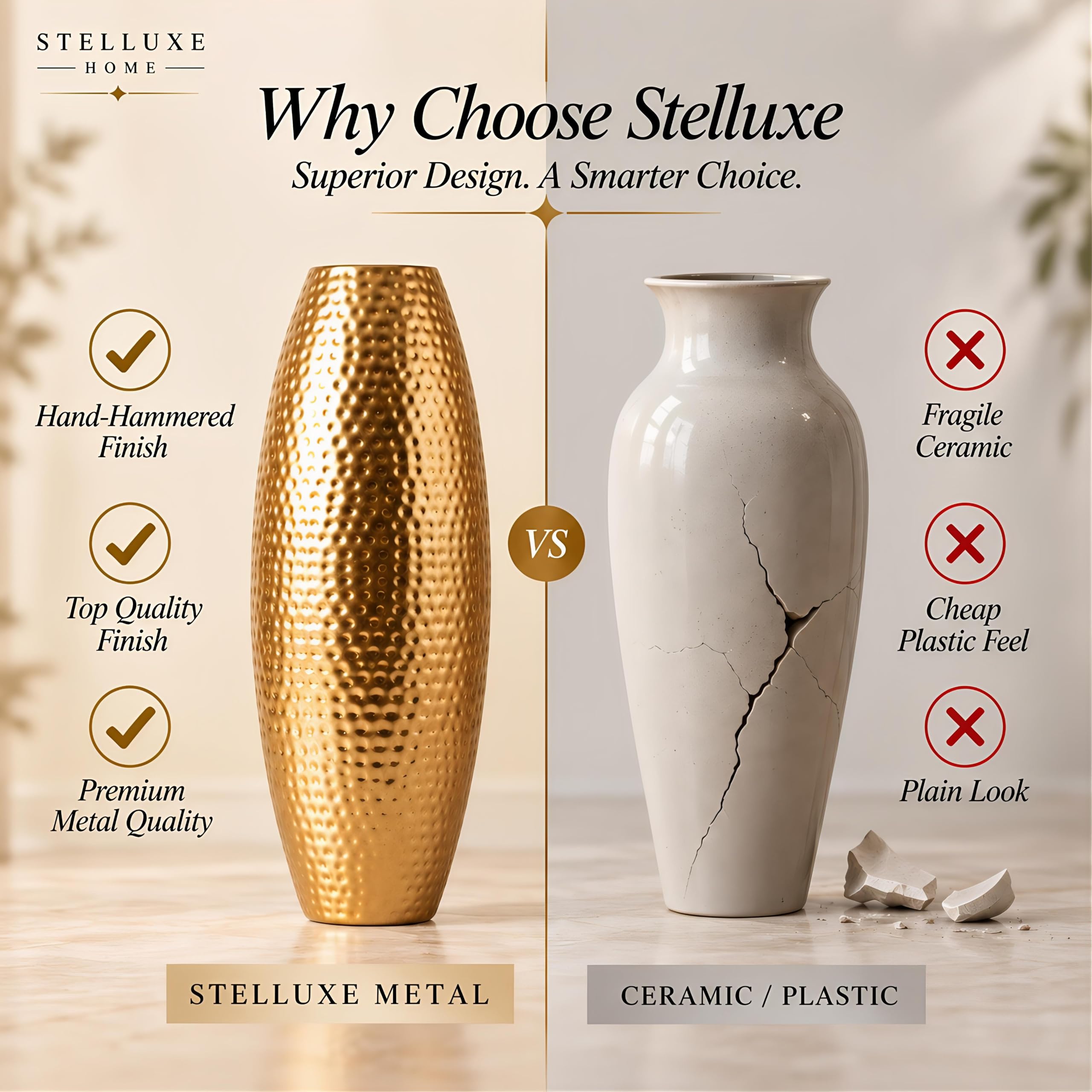 Hammered Gold Metal Flower Vase - 24 Inch -5