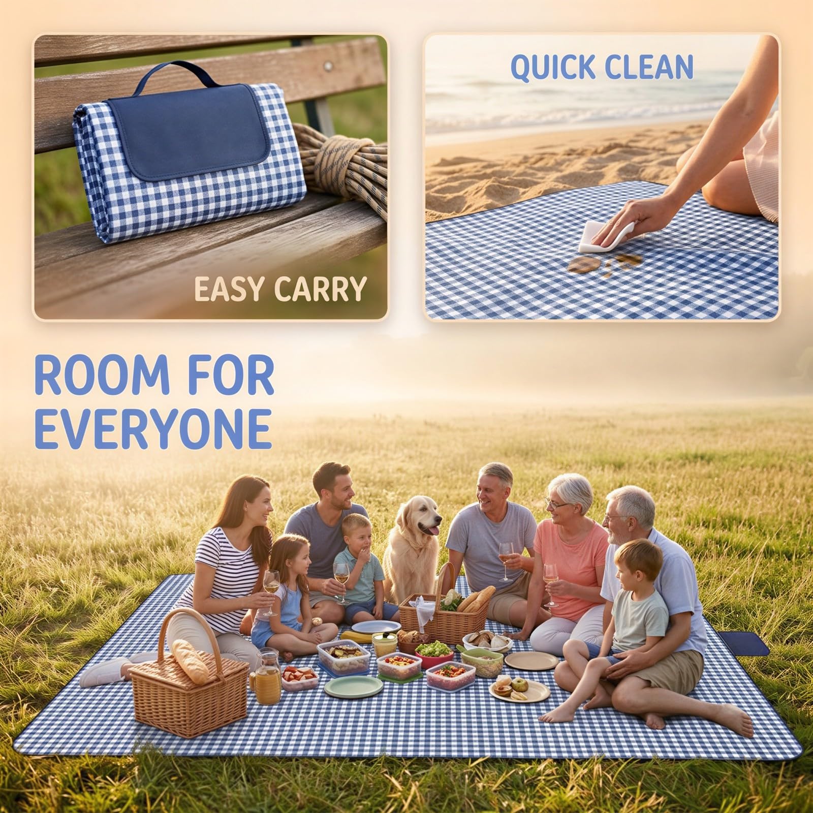 Couverture de Pique-Nique extérieure 200 x 300 cm, Grande Couverture de Plage Pliable, Toile Oxford imperméable, Tapis de Camping Bleu à Carreaux avec poignée pour Parc, randonnée