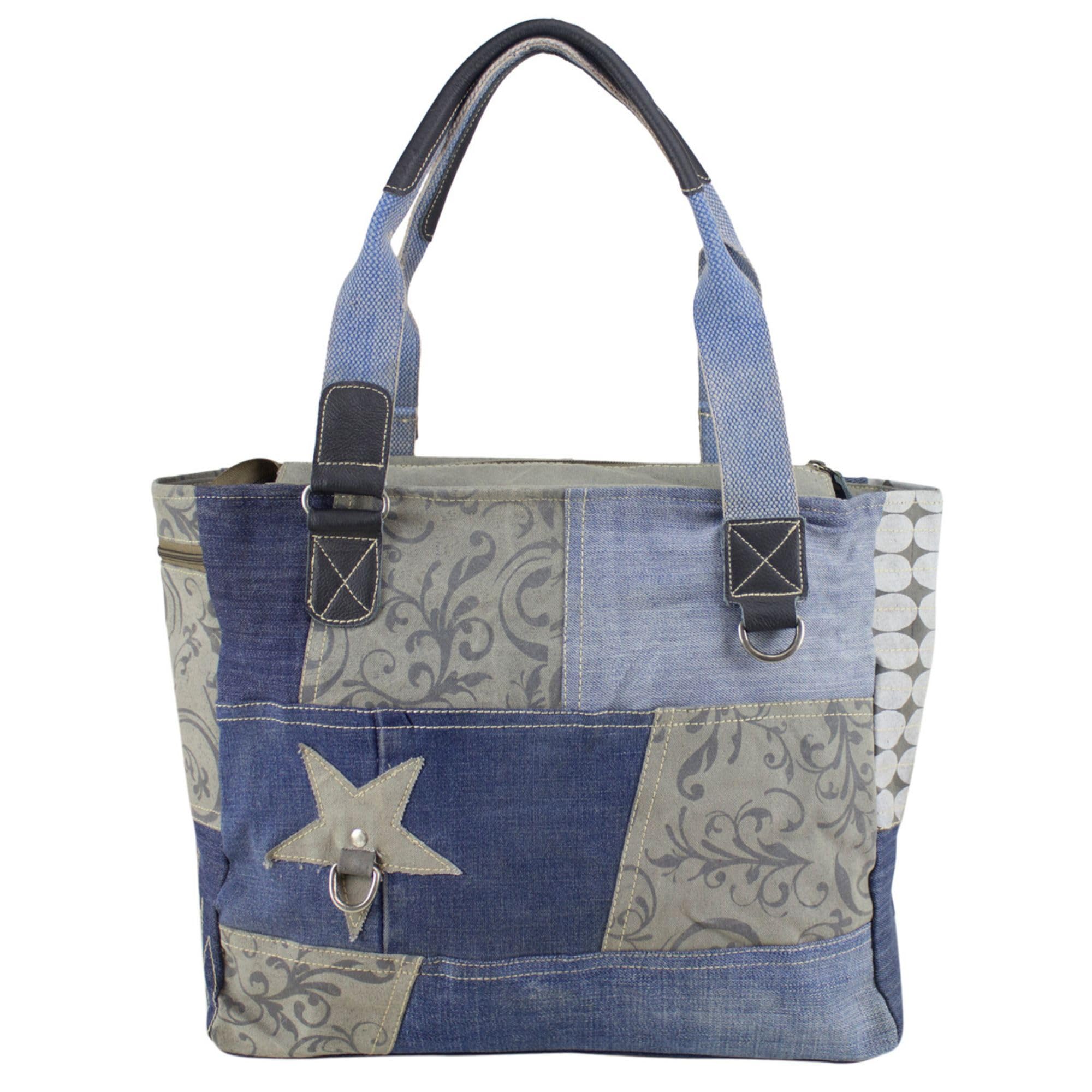 Sunsa Handtasche. Damen Tasche. Große Damentasche. Nachhaltige Shopper. Schultertasche aus recycelte Jeans Stoff & Canvas in Retro Vintage Stil