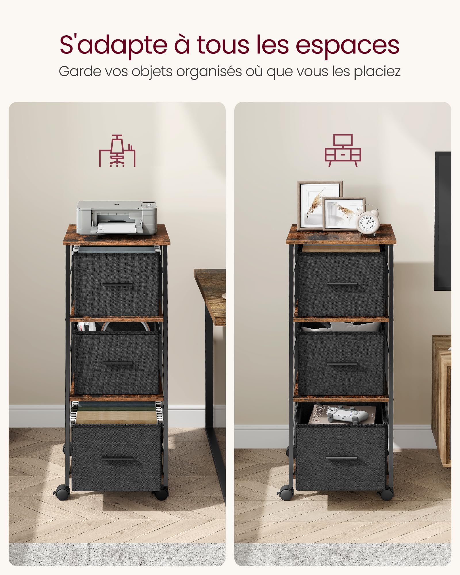 VASAGLE Caisson Bureau, 3 Tiroirs, Bibliothèque, Étagère de Rangement en Cube, Support pour Imprimante, pour Format A4, Dossiers Suspendus, Bureau, Marron Rustique et Noir d’Encre OFC058B01